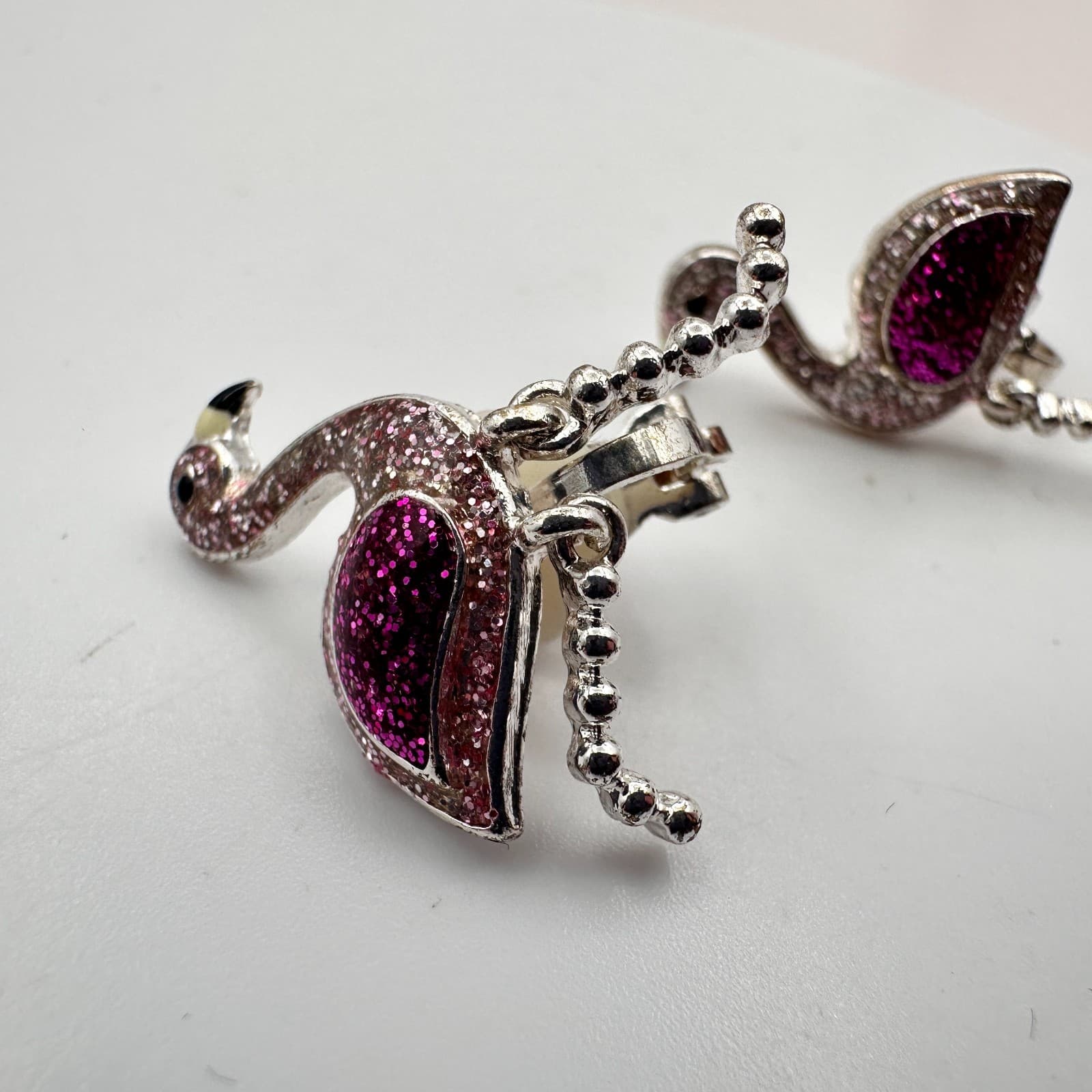 Vintage 90s Silver Tone Pink & Purple Glitter Flamingo Earrings Fashion Jewelry - Thumbnail 3
