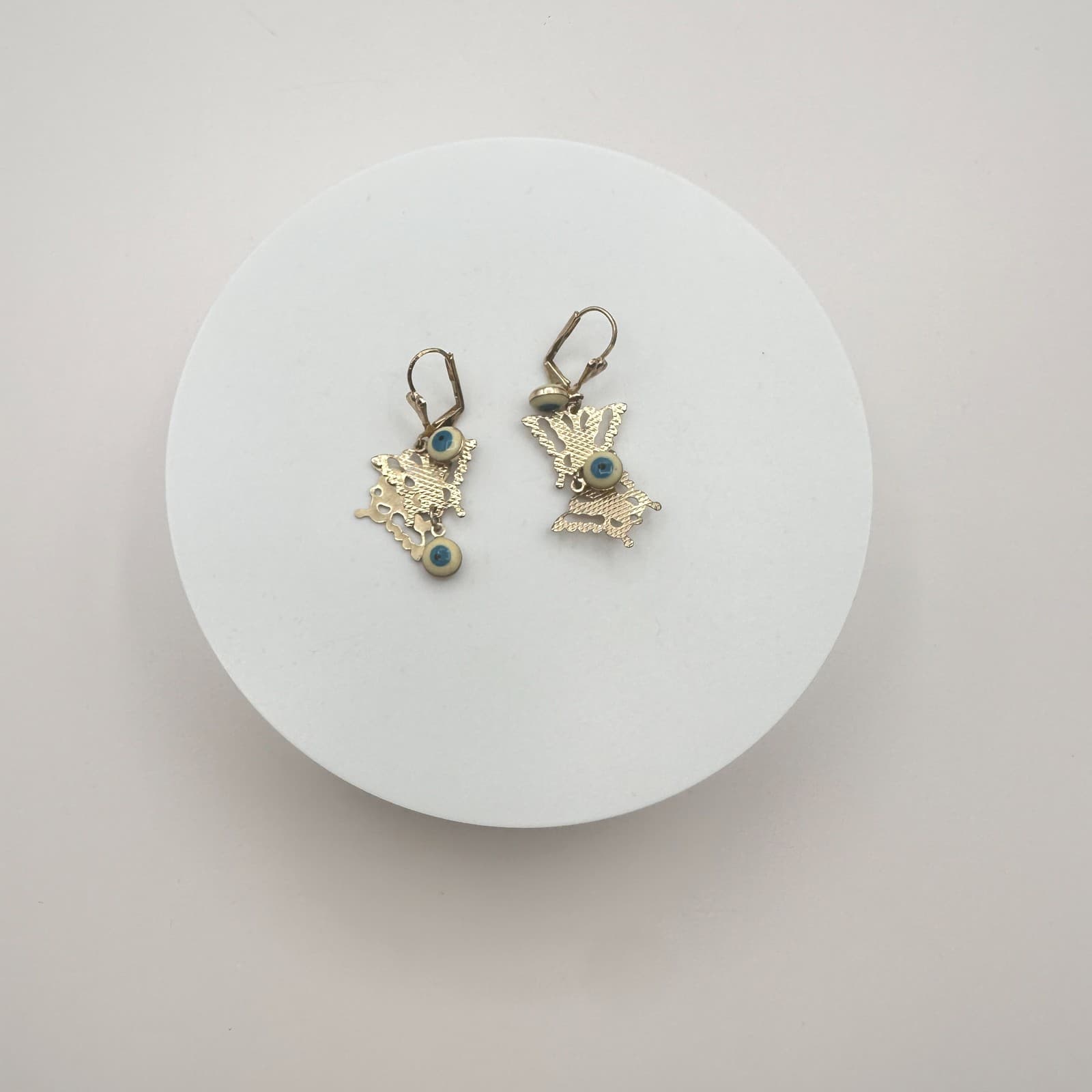 Vintage 90s Gold Tone Butterfly Evil Eye Dangle Earrings Glass Bead Boho Jewelry - Thumbnail 2