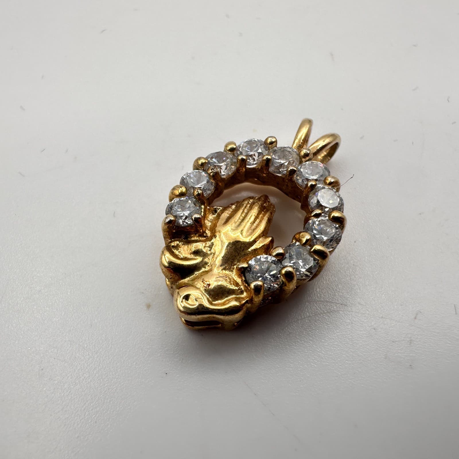 Vintage 90s Gold Tone Praying Hands Pendant Clear Rhinestone Women's Jewelry - Thumbnail 2