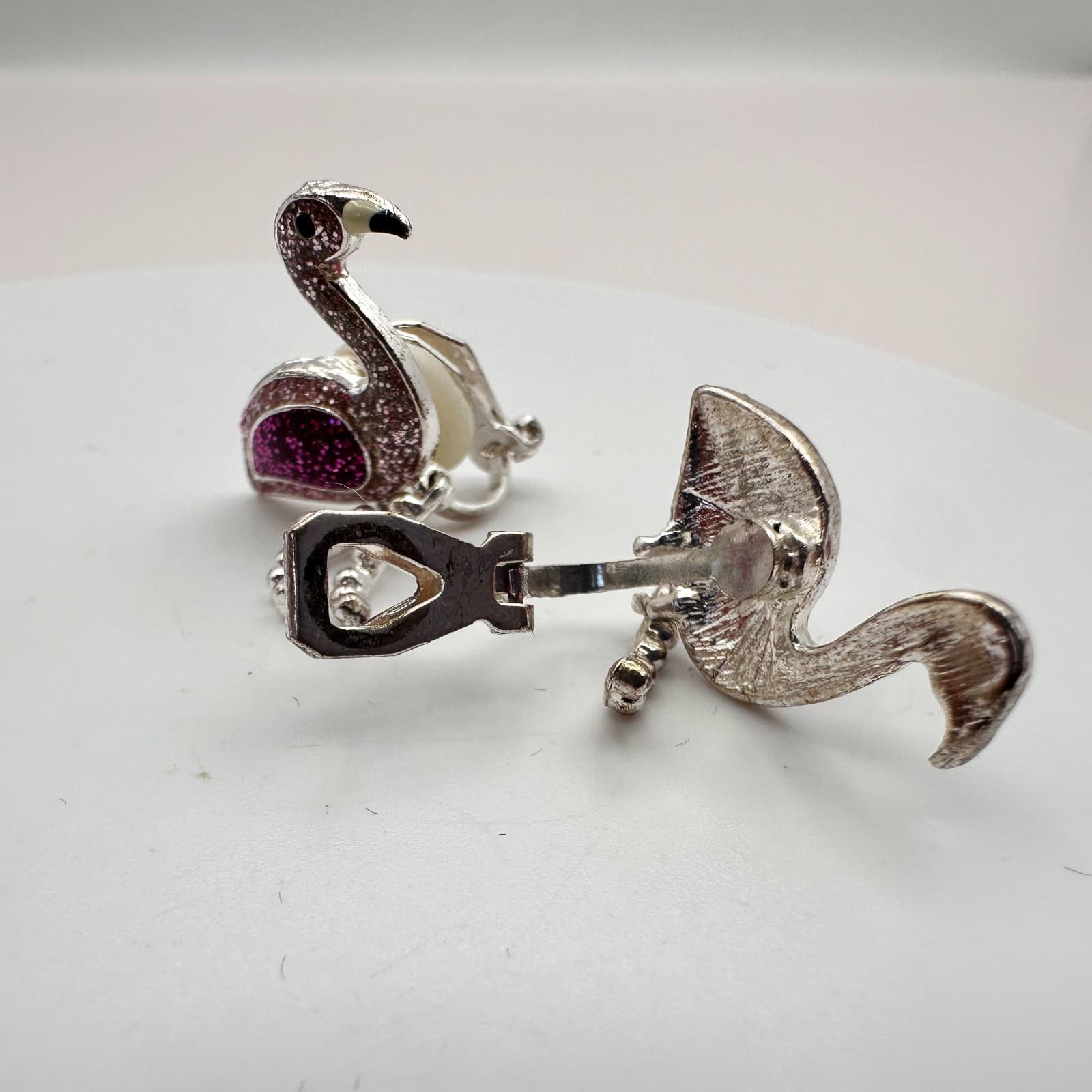 Vintage 90s Silver Tone Pink & Purple Glitter Flamingo Earrings Fashion Jewelry - Thumbnail 8