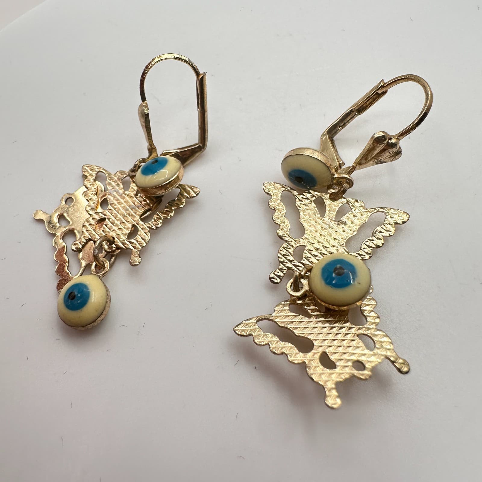 Vintage 90s Gold Tone Butterfly Evil Eye Dangle Earrings Glass Bead Boho Jewelry - Thumbnail 6