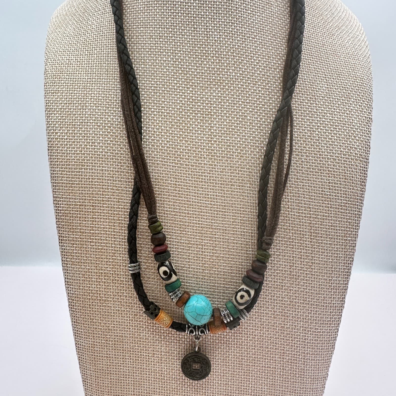 Vintage 90s Boho Double Strand Braided Leather Turquoise Coin Pendant Jewelry - Thumbnail 7
