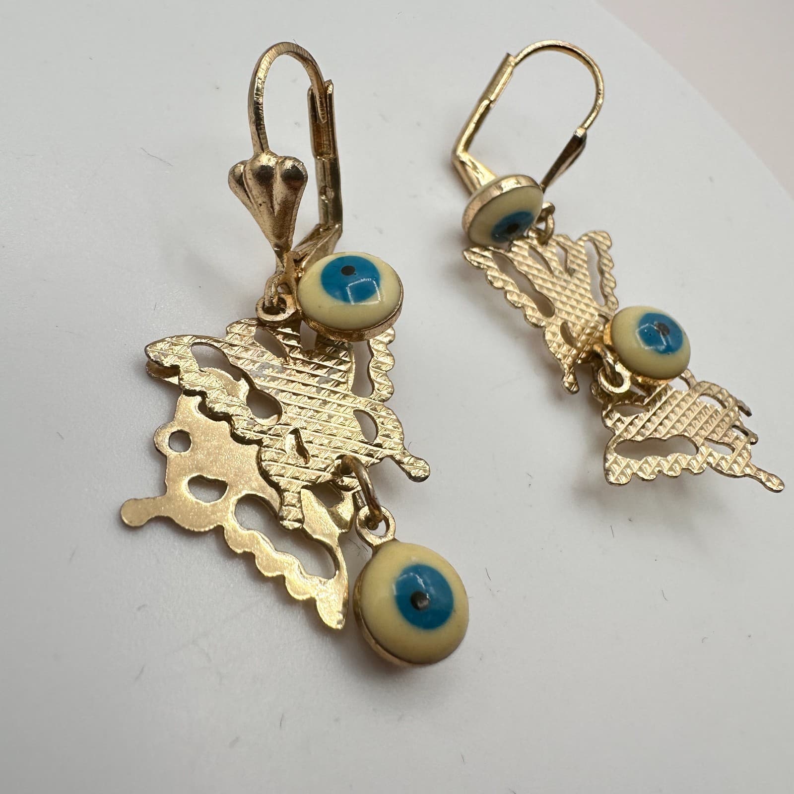 Vintage 90s Gold Tone Butterfly Evil Eye Dangle Earrings Glass Bead Boho Jewelry - Thumbnail 5
