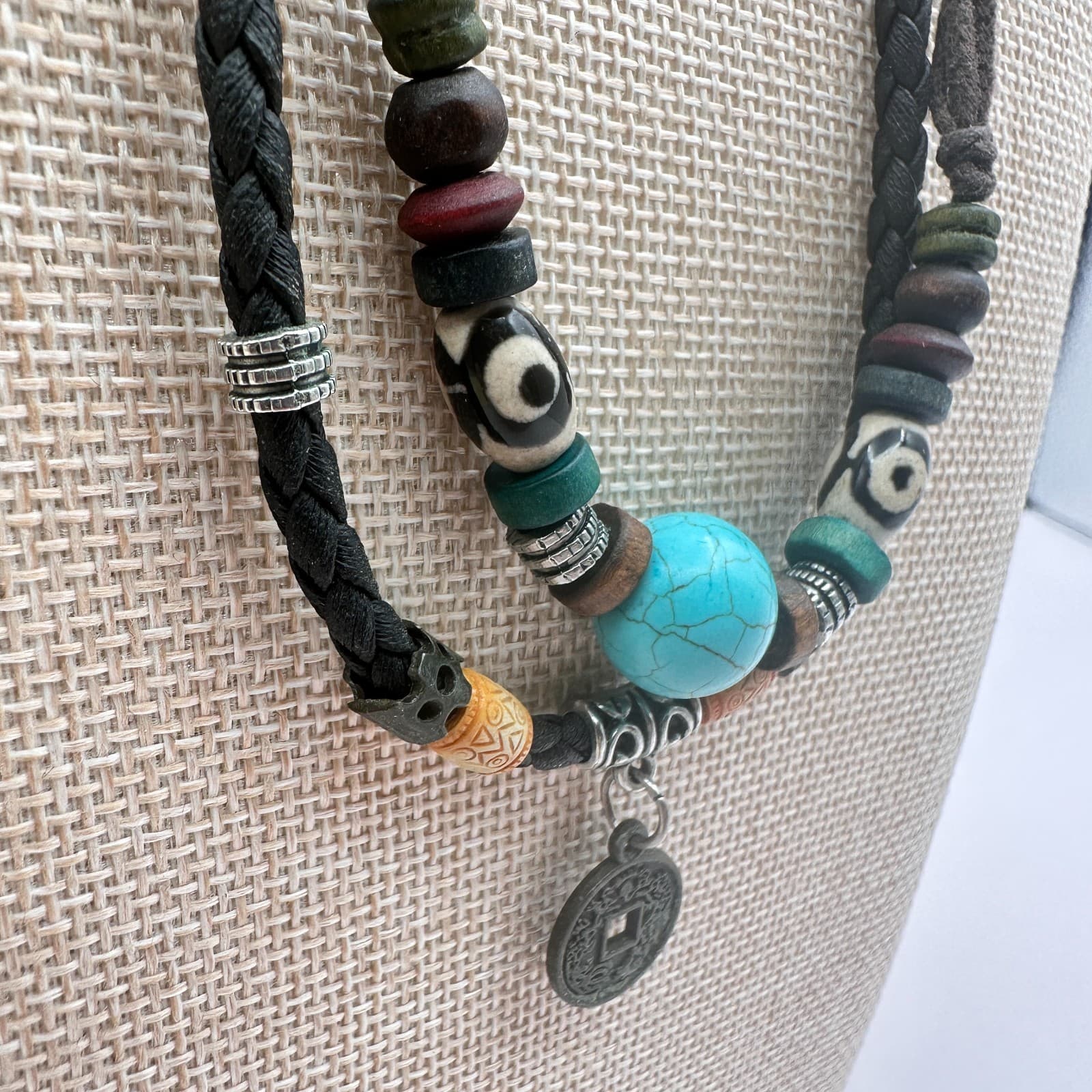 Vintage 90s Boho Double Strand Braided Leather Turquoise Coin Pendant Jewelry - Thumbnail 4