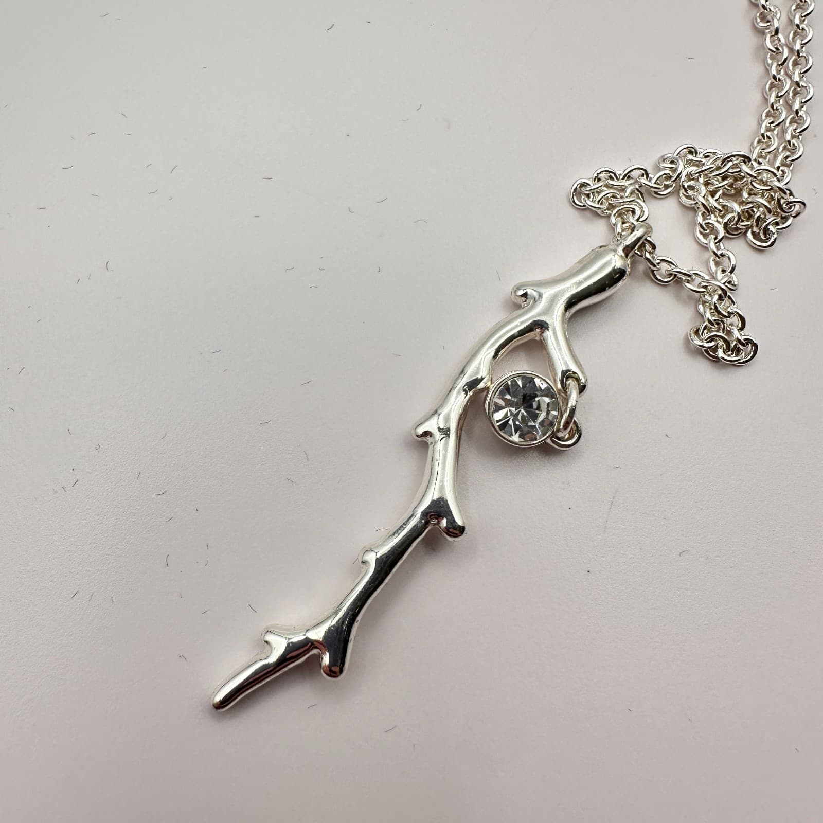 Vintage Y2K Silver Tone Rhinestone Branch Pendant Necklace Earrings Set Jewelry - Thumbnail 8