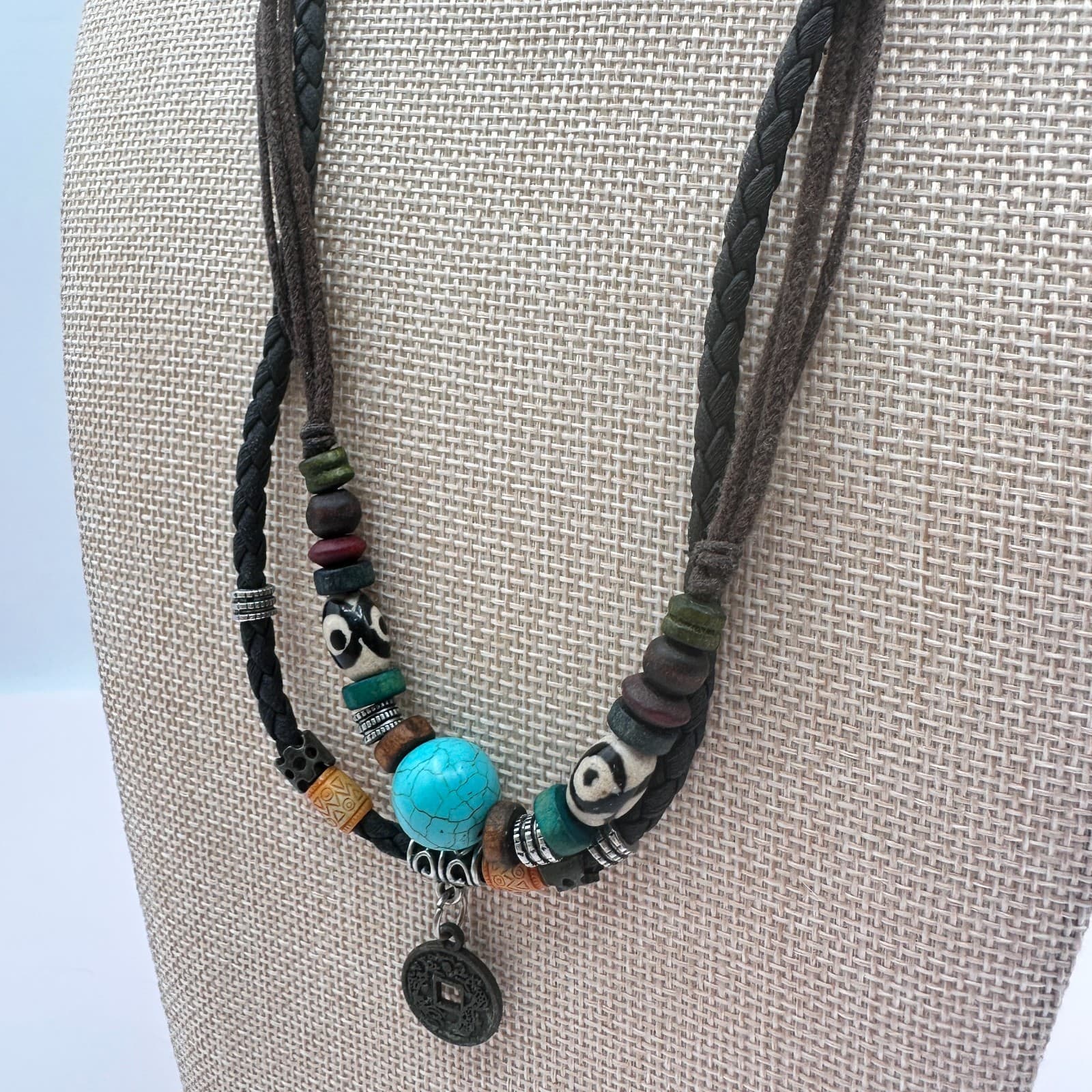 Vintage 90s Boho Double Strand Braided Leather Turquoise Coin Pendant Jewelry - Thumbnail 6