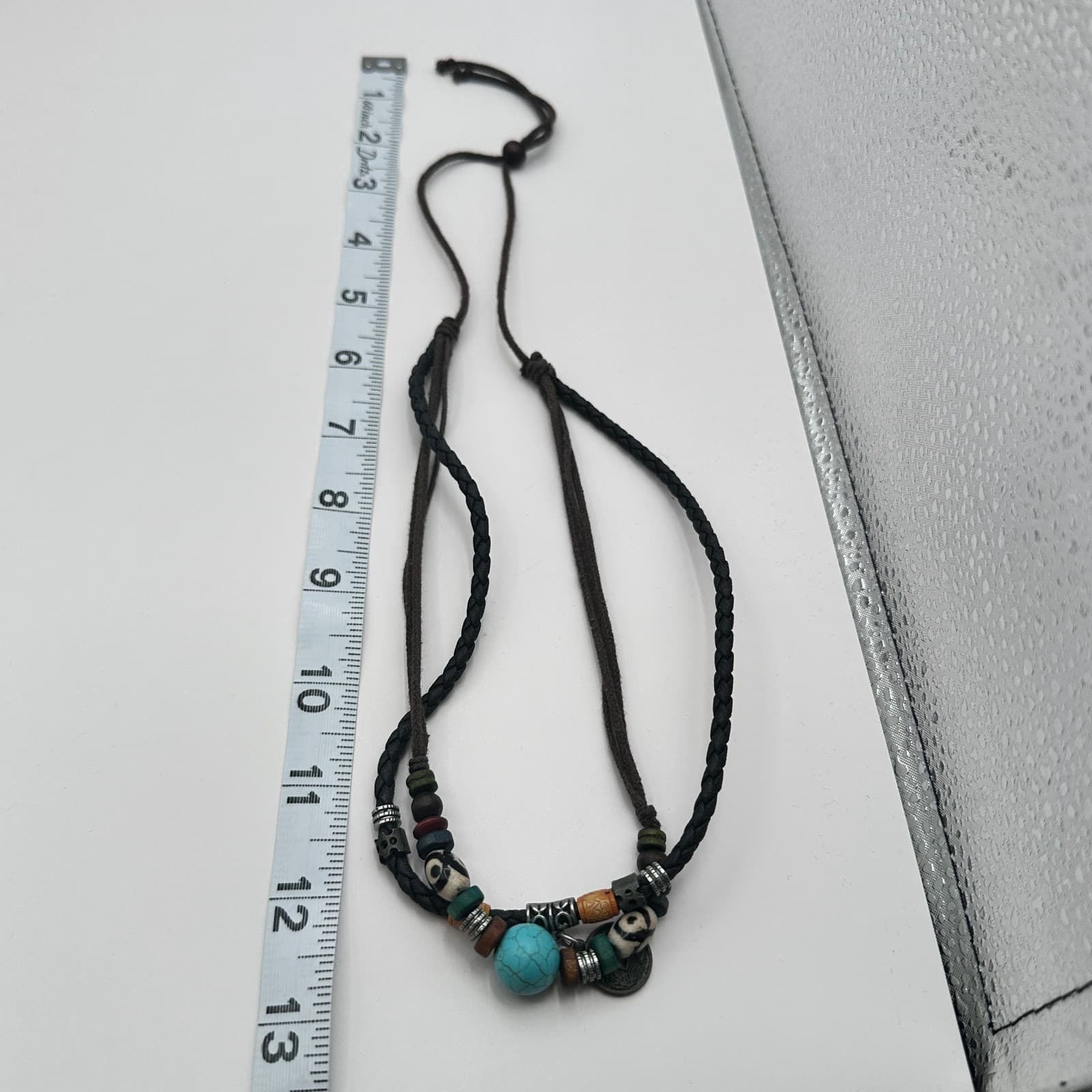 Vintage 90s Boho Double Strand Braided Leather Turquoise Coin Pendant Jewelry - Thumbnail 9