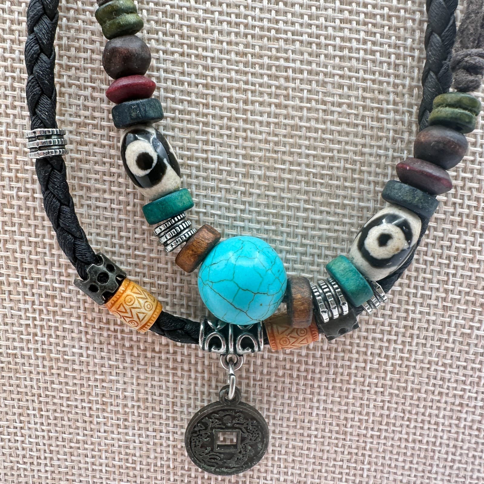 Vintage 90s Boho Double Strand Braided Leather Turquoise Coin Pendant Jewelry - Thumbnail 3
