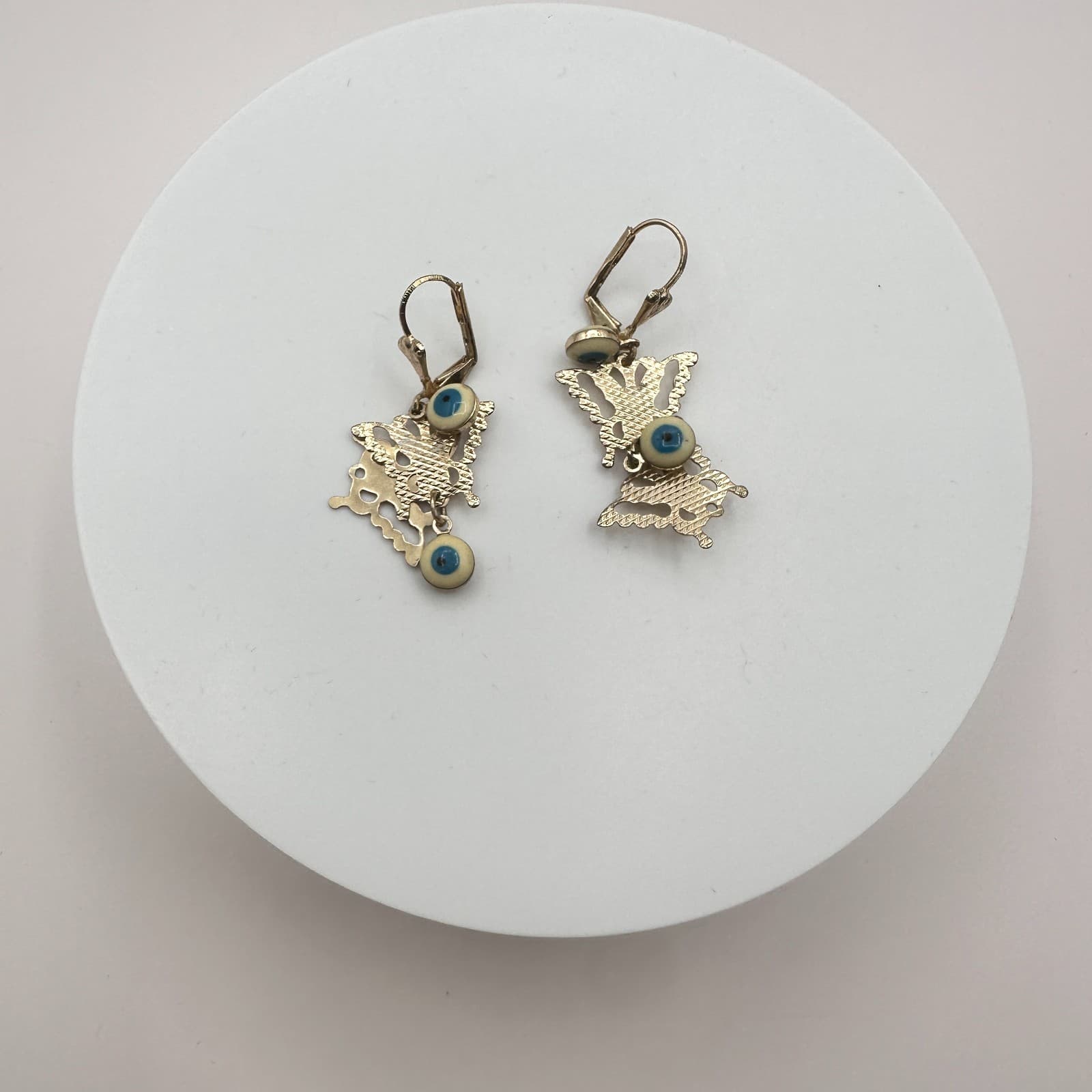 Vintage 90s Gold Tone Butterfly Evil Eye Dangle Earrings Glass Bead Boho Jewelry - Thumbnail 3
