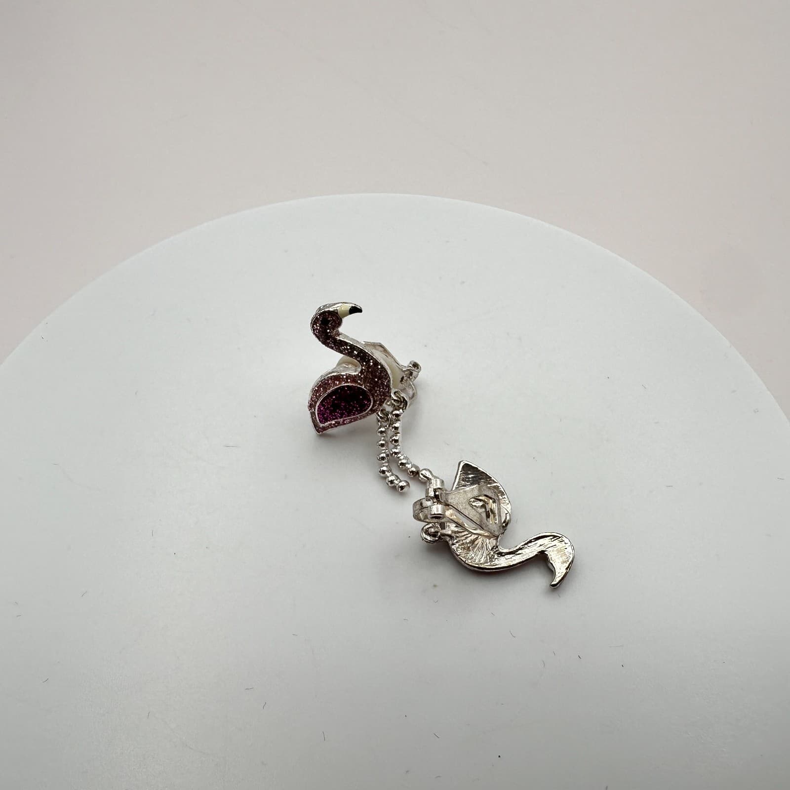 Vintage 90s Silver Tone Pink & Purple Glitter Flamingo Earrings Fashion Jewelry - Thumbnail 7