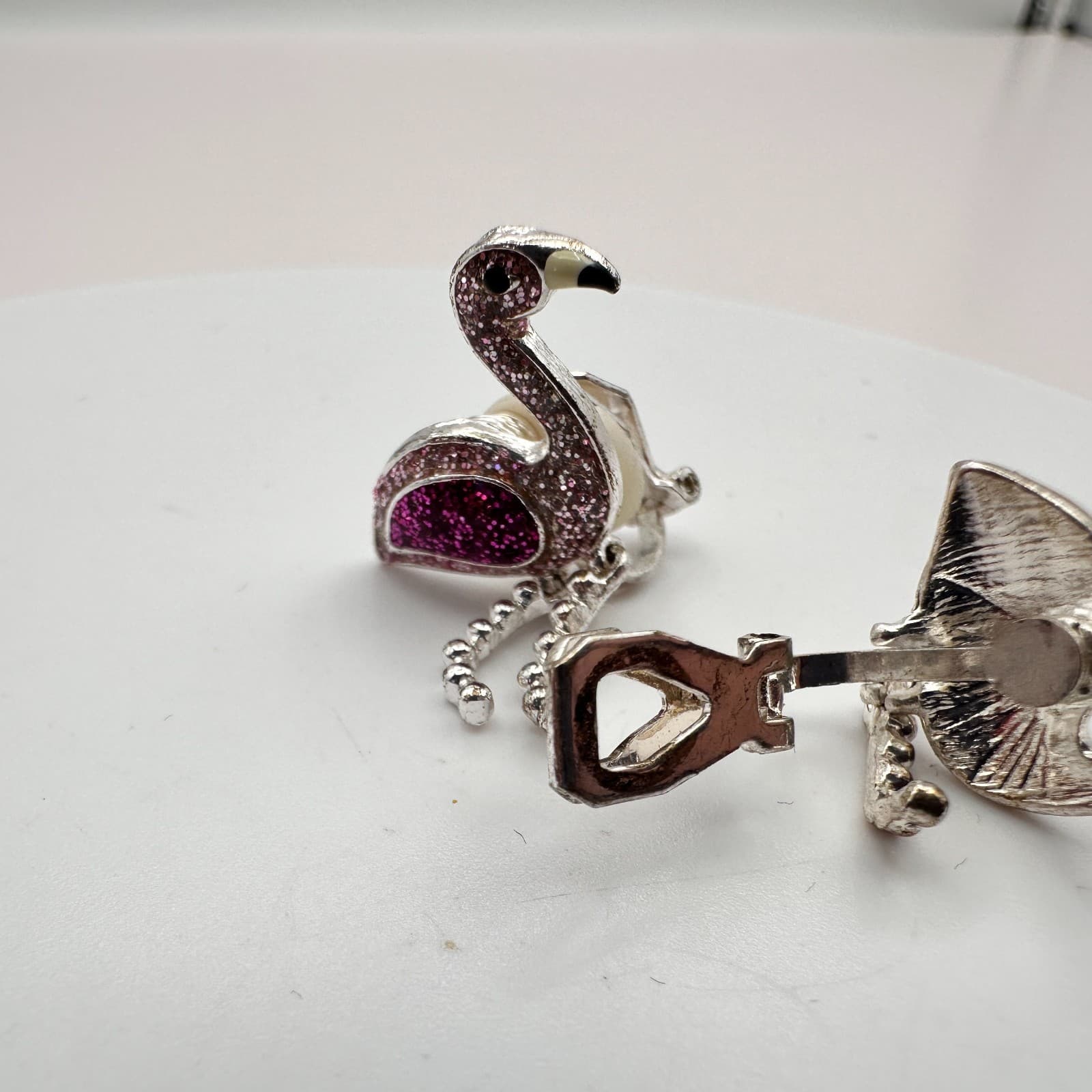 Vintage 90s Silver Tone Pink & Purple Glitter Flamingo Earrings Fashion Jewelry - Thumbnail 9