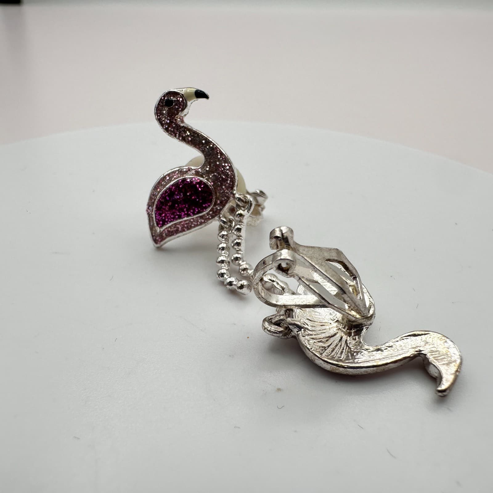 Vintage 90s Silver Tone Pink & Purple Glitter Flamingo Earrings Fashion Jewelry - Thumbnail 6