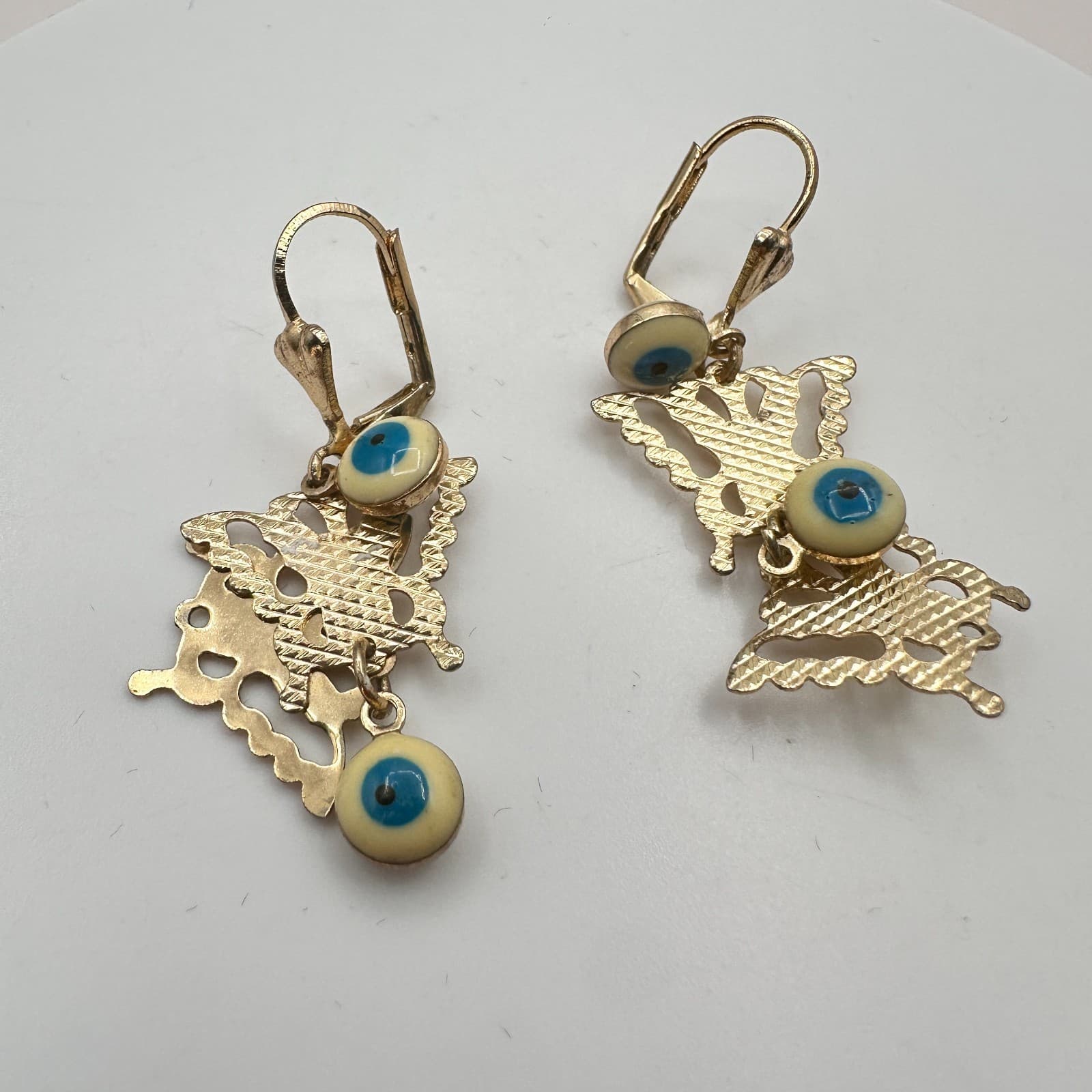 Vintage 90s Gold Tone Butterfly Evil Eye Dangle Earrings Glass Bead Boho Jewelry - Thumbnail 4