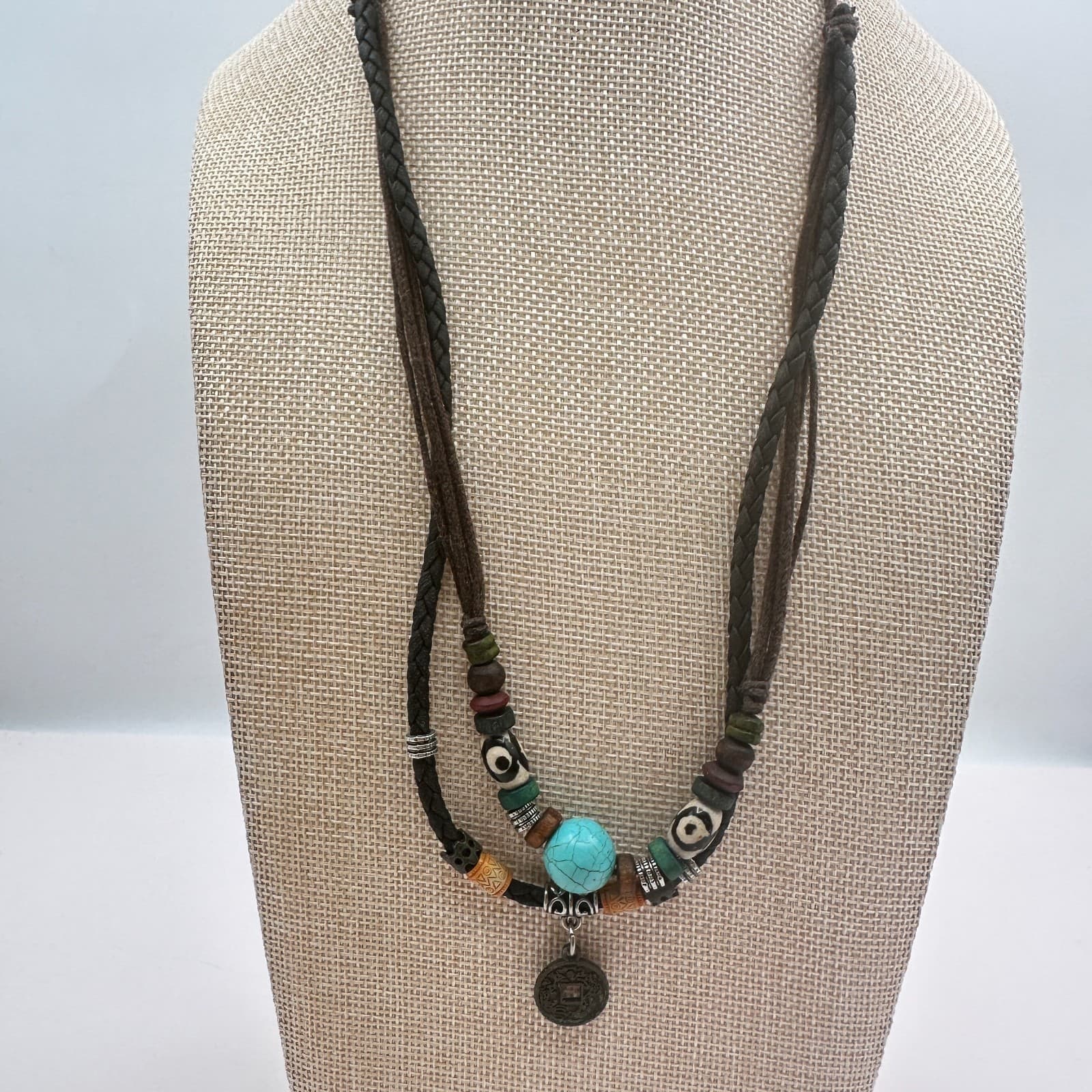 Vintage 90s Boho Double Strand Braided Leather Turquoise Coin Pendant Jewelry - Thumbnail 2