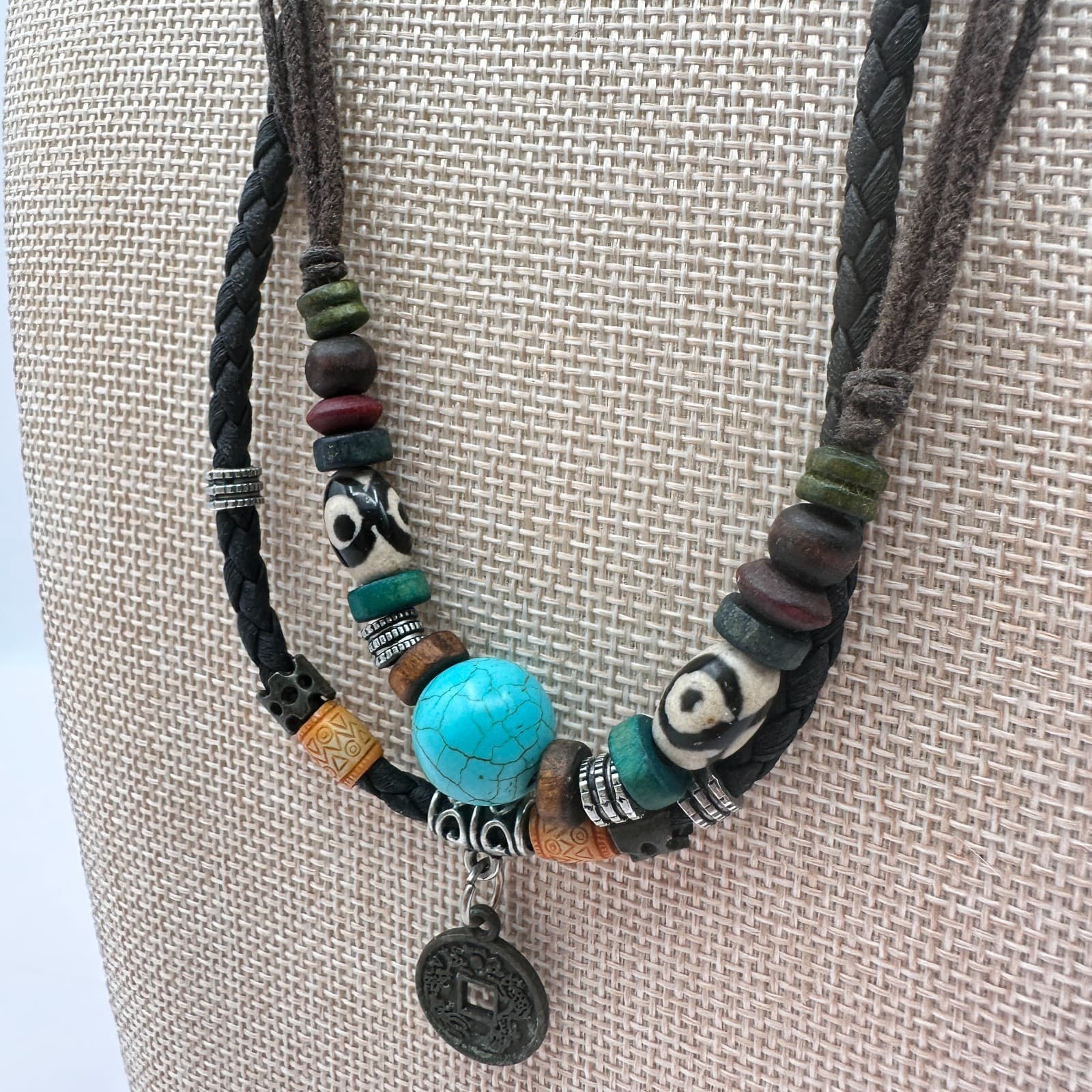 Vintage 90s Boho Double Strand Braided Leather Turquoise Coin Pendant Jewelry - Thumbnail 5