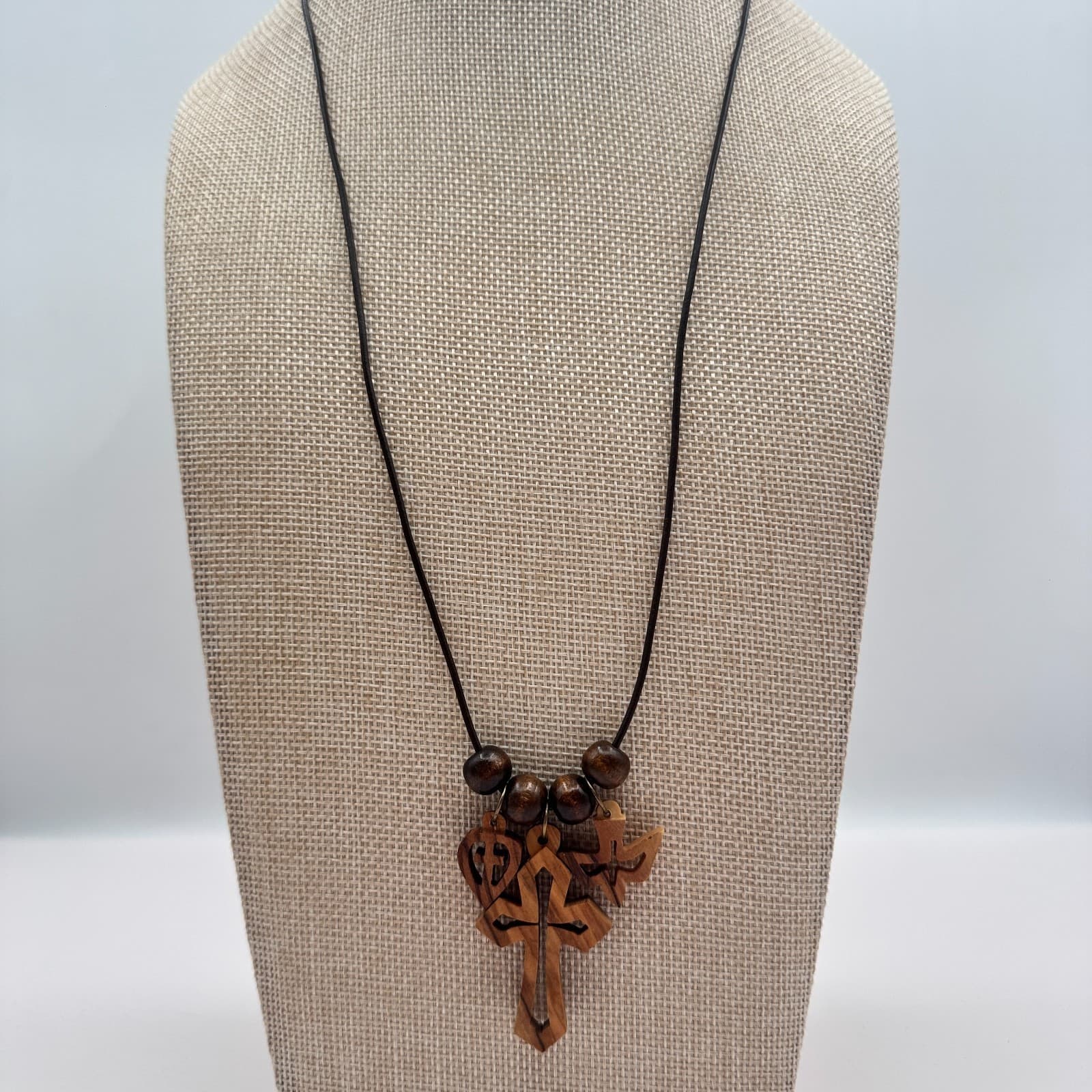 Vintage 50s Handmade Wood Necklace Cross Heart Holy Spirit Dove Charms Jewelry - Thumbnail 3