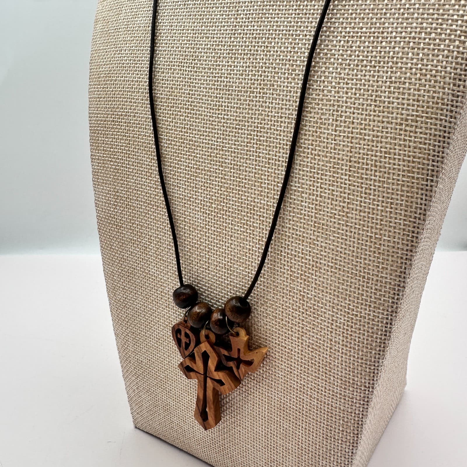 Vintage 50s Handmade Wood Necklace Cross Heart Holy Spirit Dove Charms Jewelry - Thumbnail 7