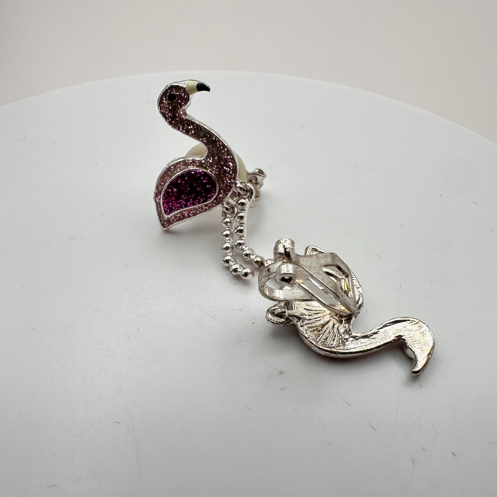 Vintage 90s Silver Tone Pink & Purple Glitter Flamingo Earrings Fashion Jewelry - Thumbnail 5