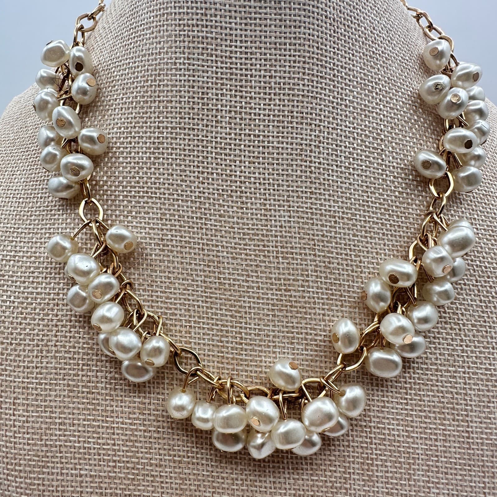 Vintage 90s Gold Tone Faux Baroque Pearl Multi Strand Cluster Necklace Jewelry - Thumbnail 2