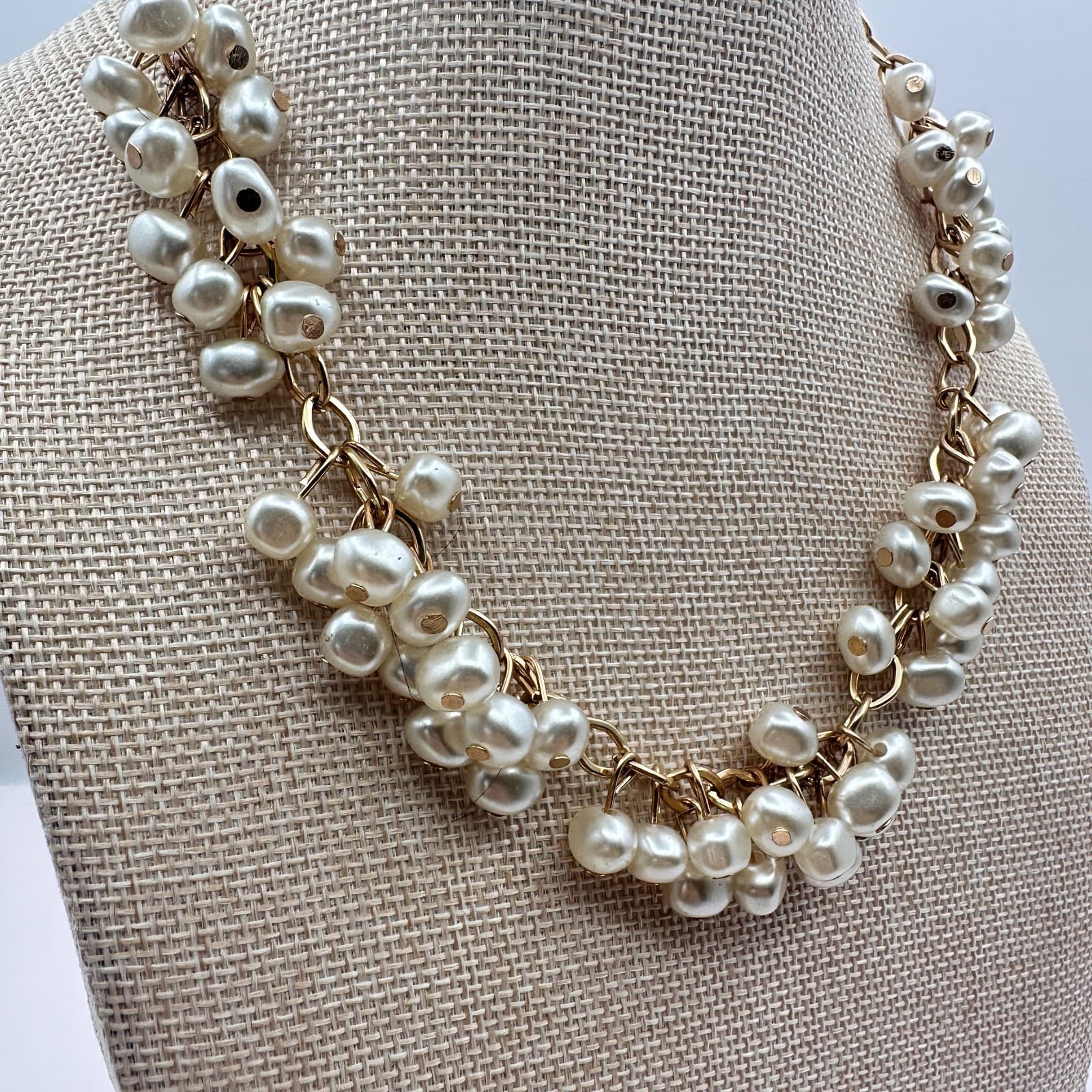 Vintage 90s Gold Tone Faux Baroque Pearl Multi Strand Cluster Necklace Jewelry - Thumbnail 5