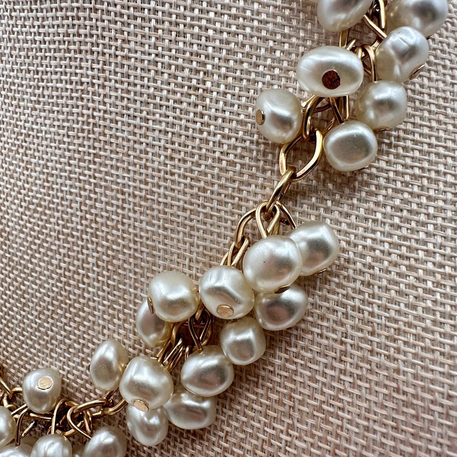 Vintage 90s Gold Tone Faux Baroque Pearl Multi Strand Cluster Necklace Jewelry - Thumbnail 7