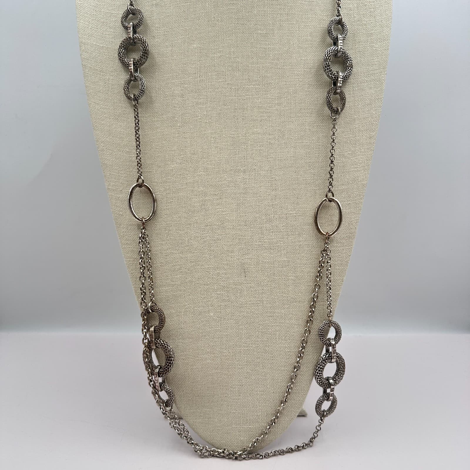 Vintage 90s Silver Tone Mixed Chain Multi Link Statement Long Necklace Jewelry - Thumbnail 5