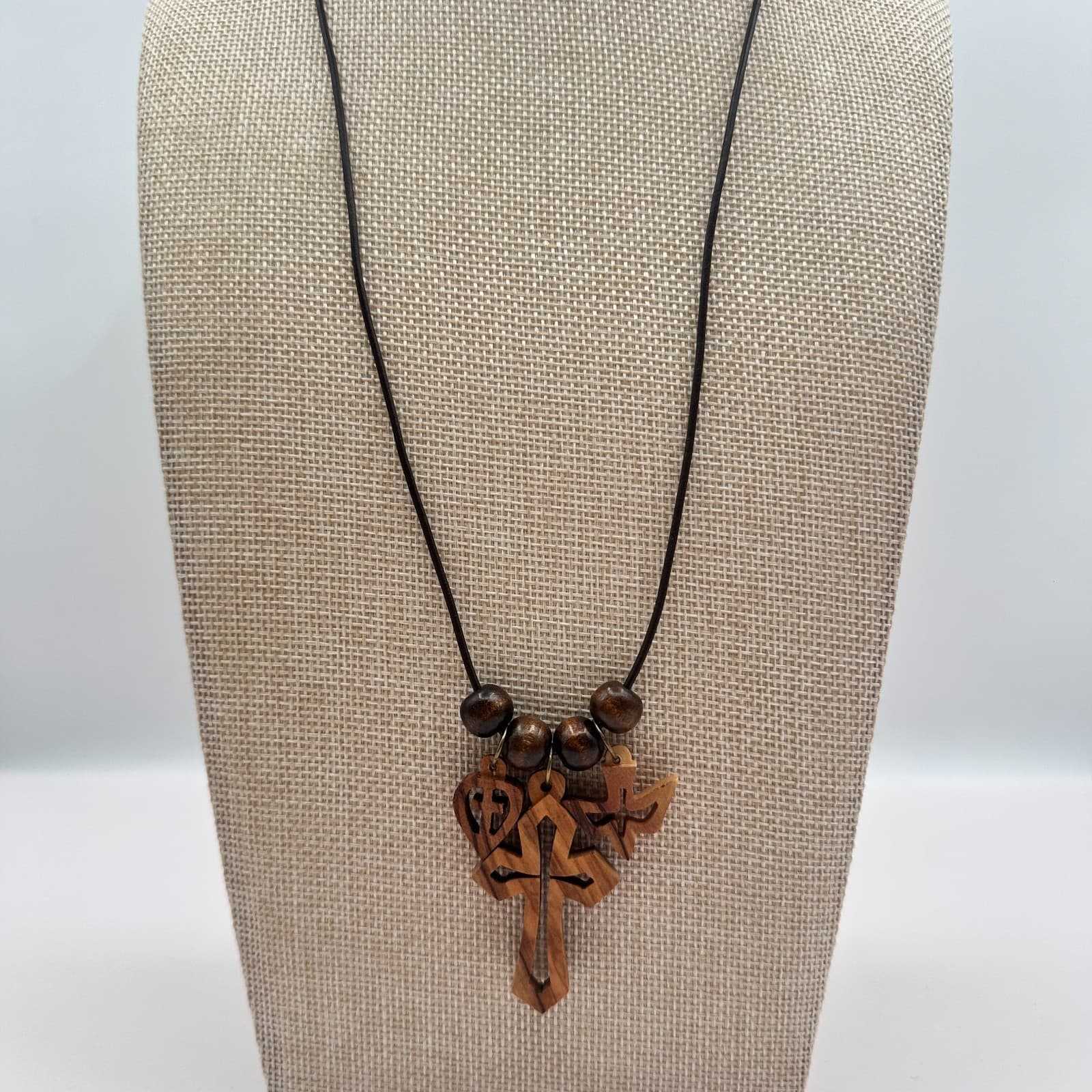 Vintage 50s Handmade Wood Necklace Cross Heart Holy Spirit Dove Charms Jewelry - Thumbnail 2