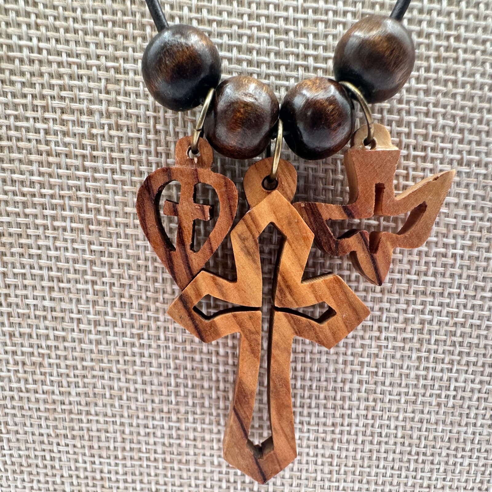 Vintage 50s Handmade Wood Necklace Cross Heart Holy Spirit Dove Charms Jewelry - Thumbnail 4