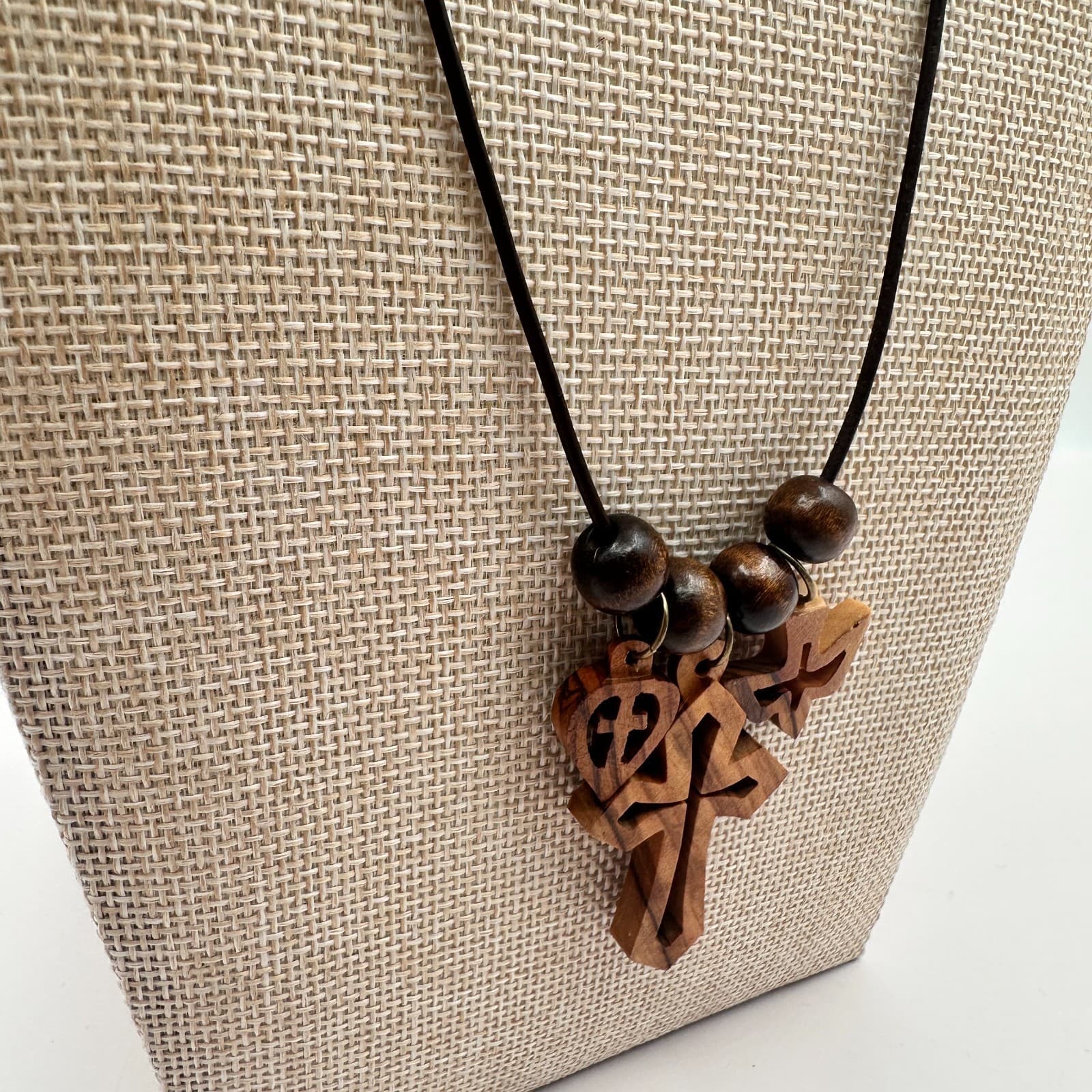Vintage 50s Handmade Wood Necklace Cross Heart Holy Spirit Dove Charms Jewelry - Thumbnail 5