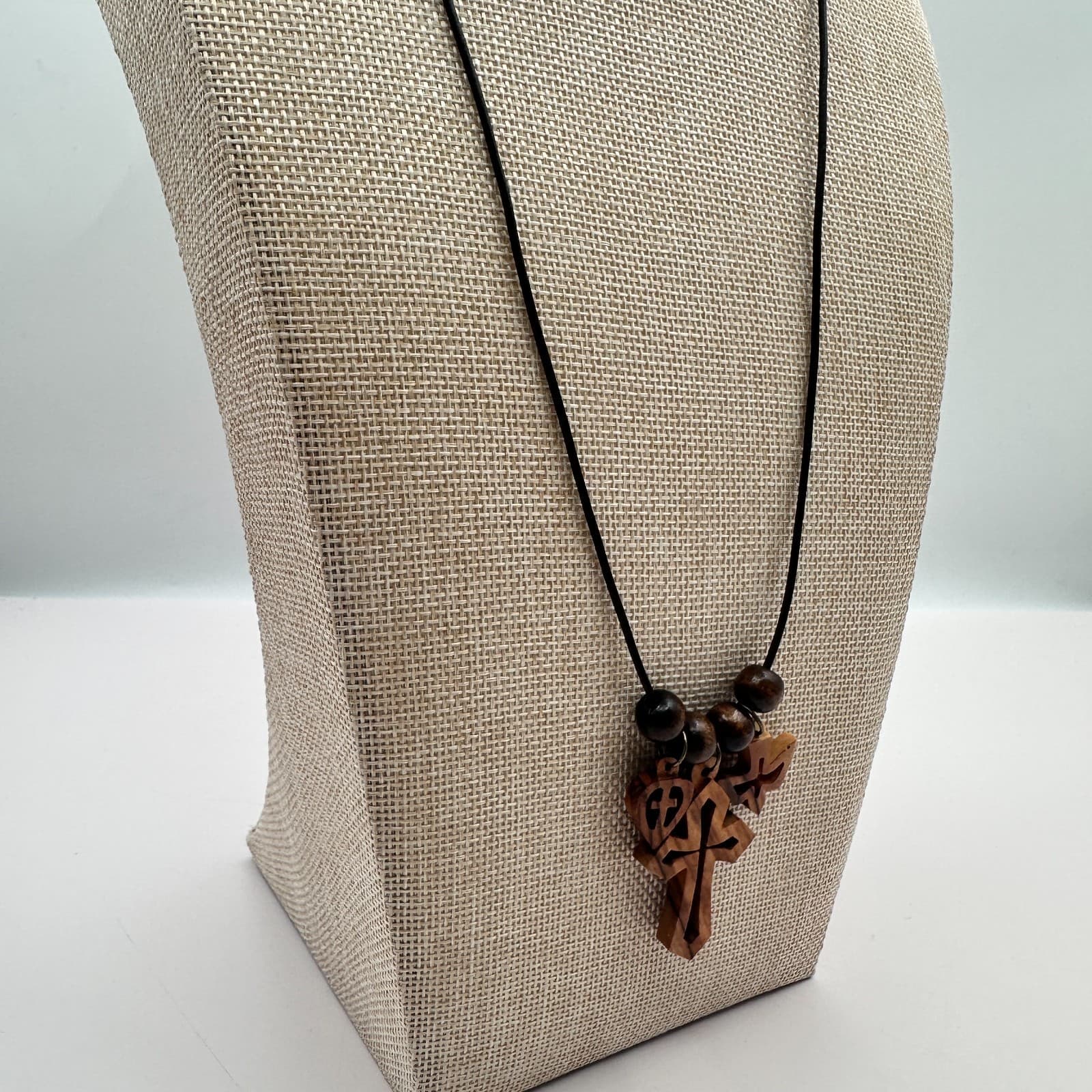 Vintage 50s Handmade Wood Necklace Cross Heart Holy Spirit Dove Charms Jewelry - Thumbnail 6