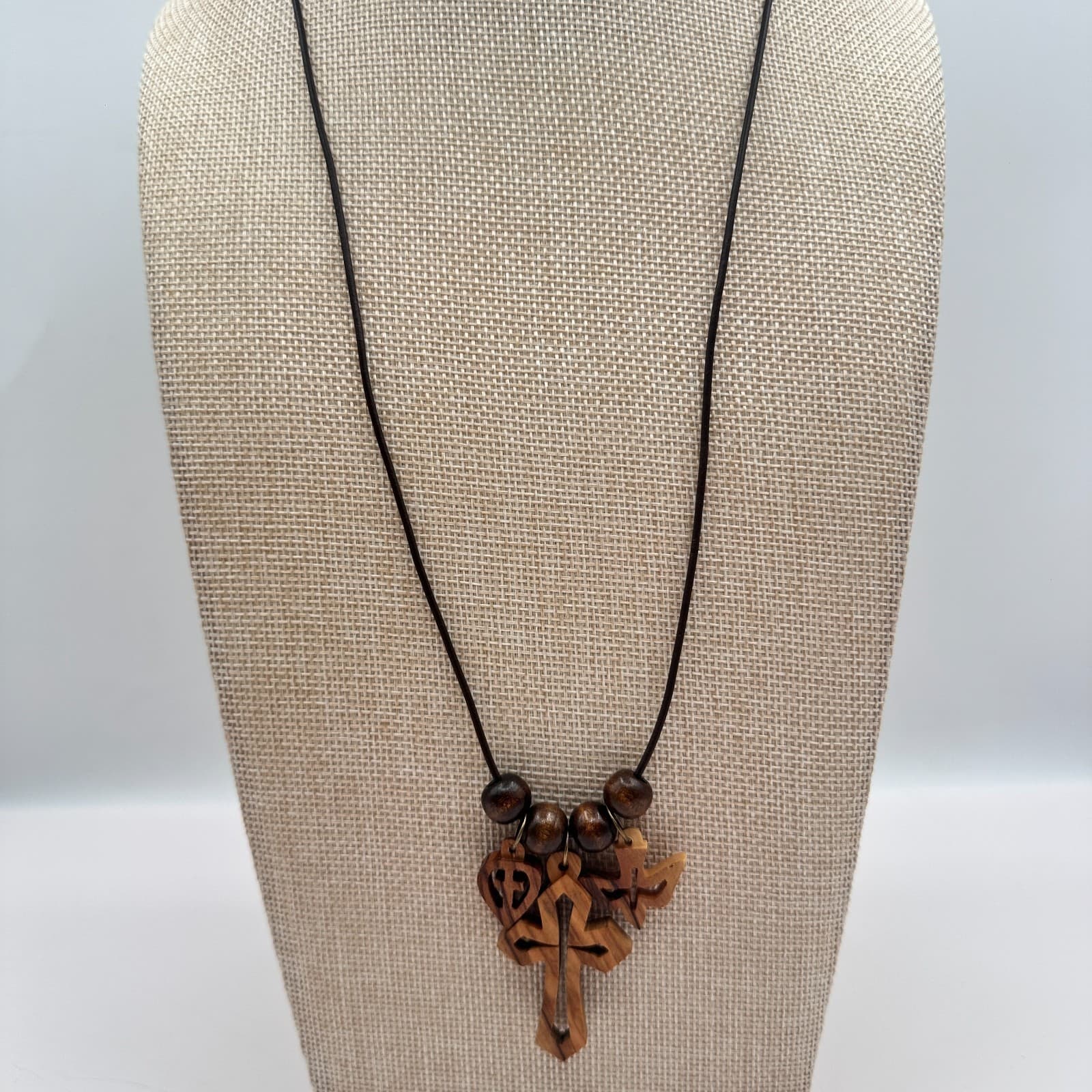 Vintage 50s Handmade Wood Necklace Cross Heart Holy Spirit Dove Charms Jewelry - Thumbnail 8