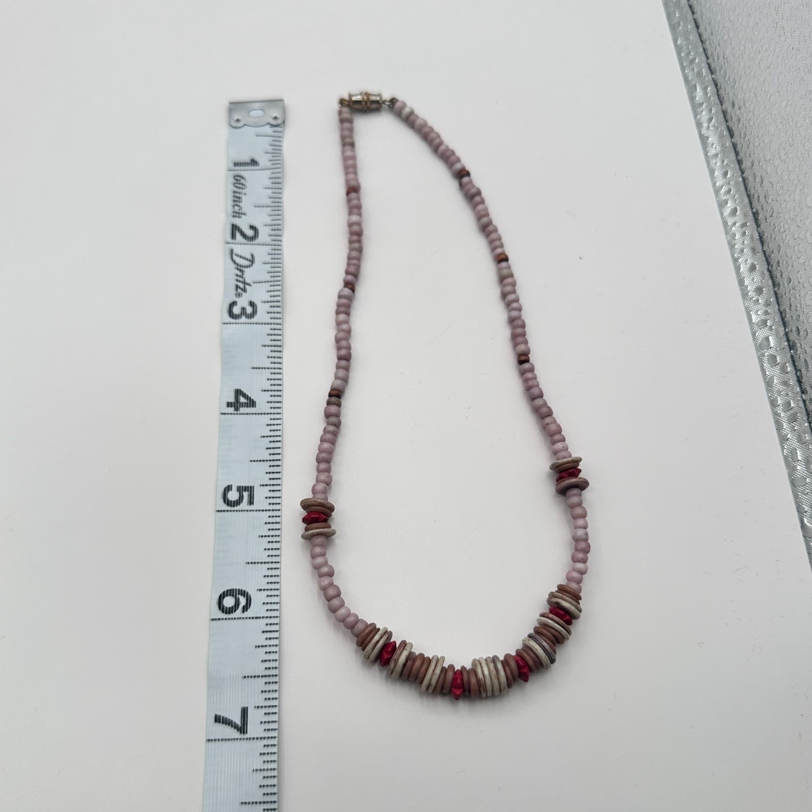 Vintage 70s Pink Stone Heishe Shell Beaded Necklace Accents Barrel Clasp Jewelry - Thumbnail 8