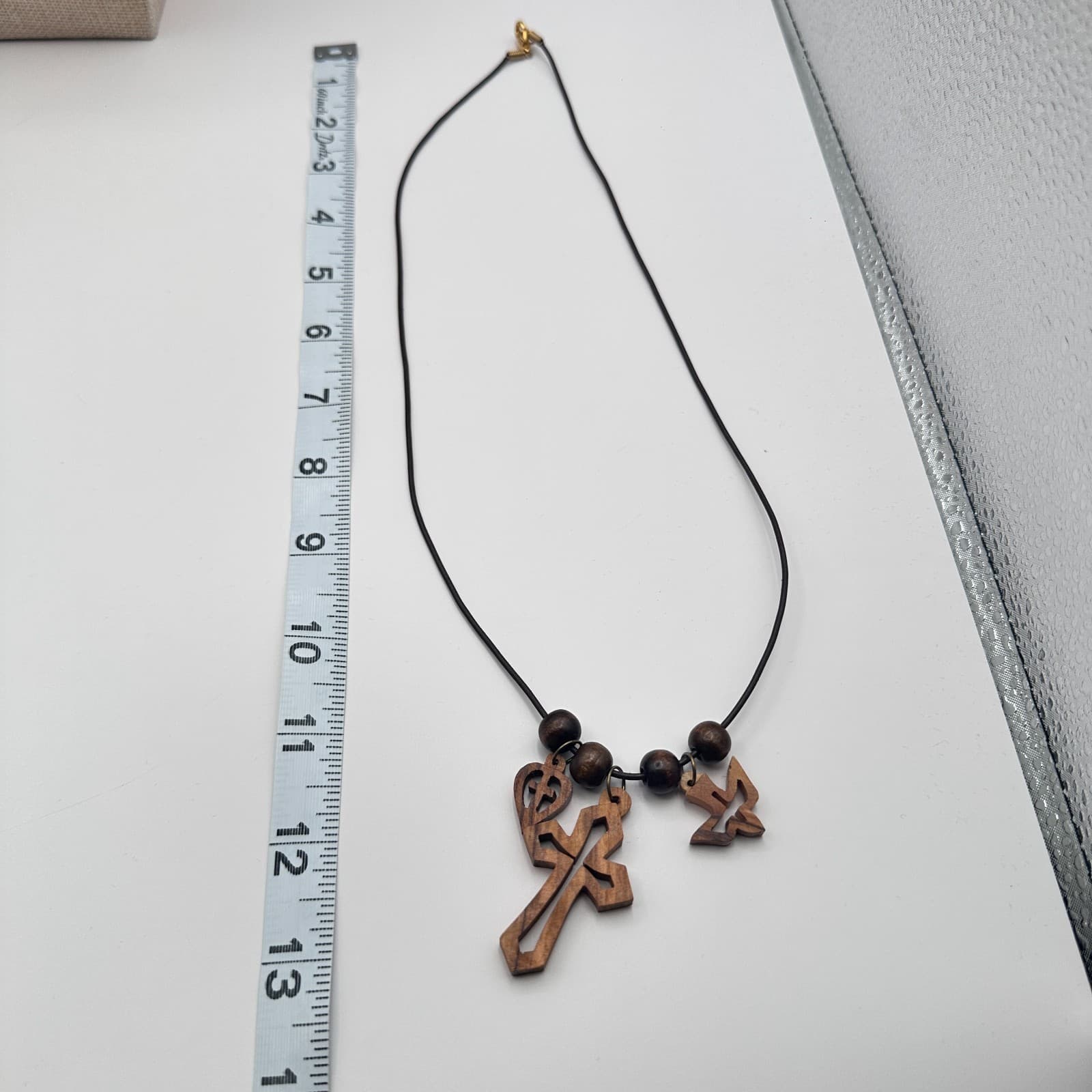 Vintage 50s Handmade Wood Necklace Cross Heart Holy Spirit Dove Charms Jewelry - Thumbnail 9