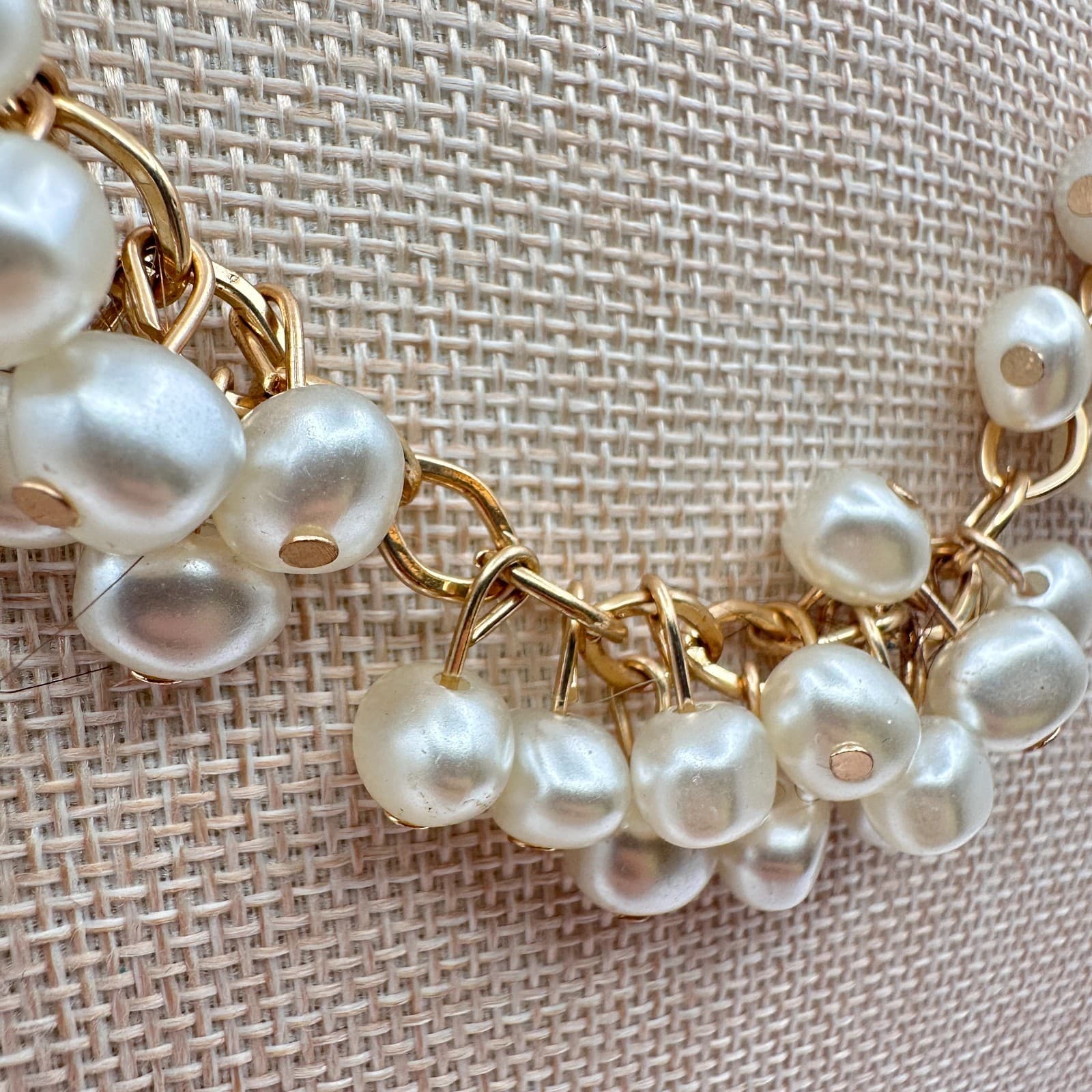 Vintage 90s Gold Tone Faux Baroque Pearl Multi Strand Cluster Necklace Jewelry - Thumbnail 4