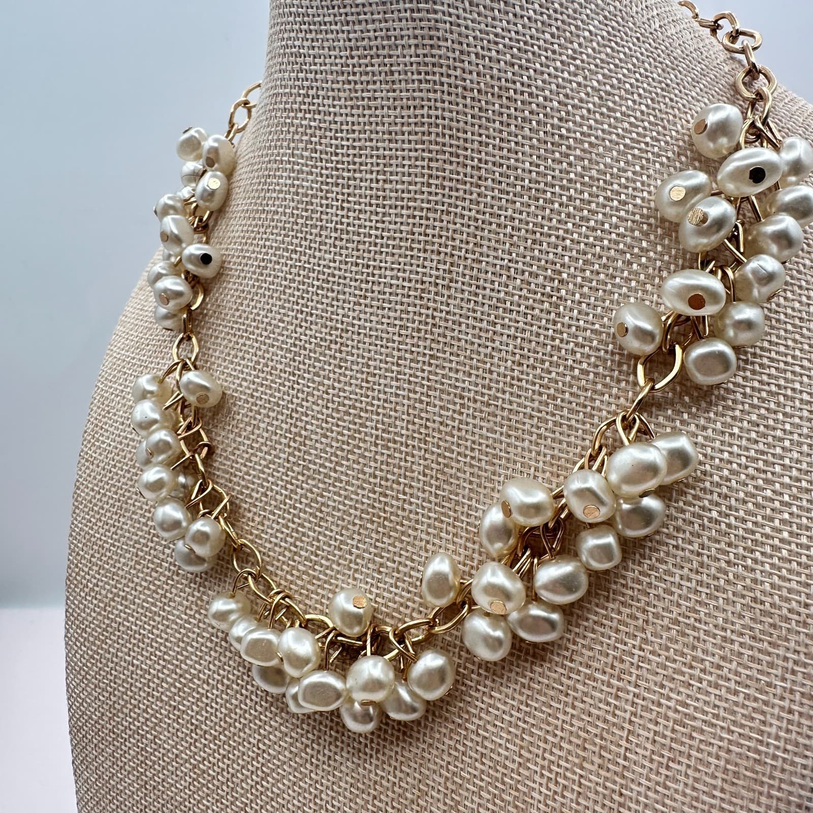 Vintage 90s Gold Tone Faux Baroque Pearl Multi Strand Cluster Necklace Jewelry - Thumbnail 6
