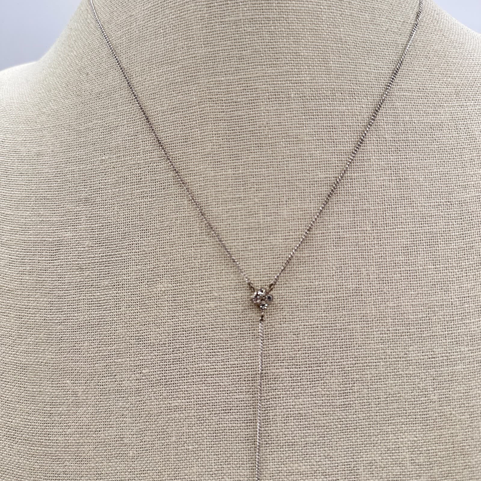 Vintage 90s Y2K Silver Tone Clear Rhinestone Floral Y Necklace Women's Jewelry - Thumbnail 2