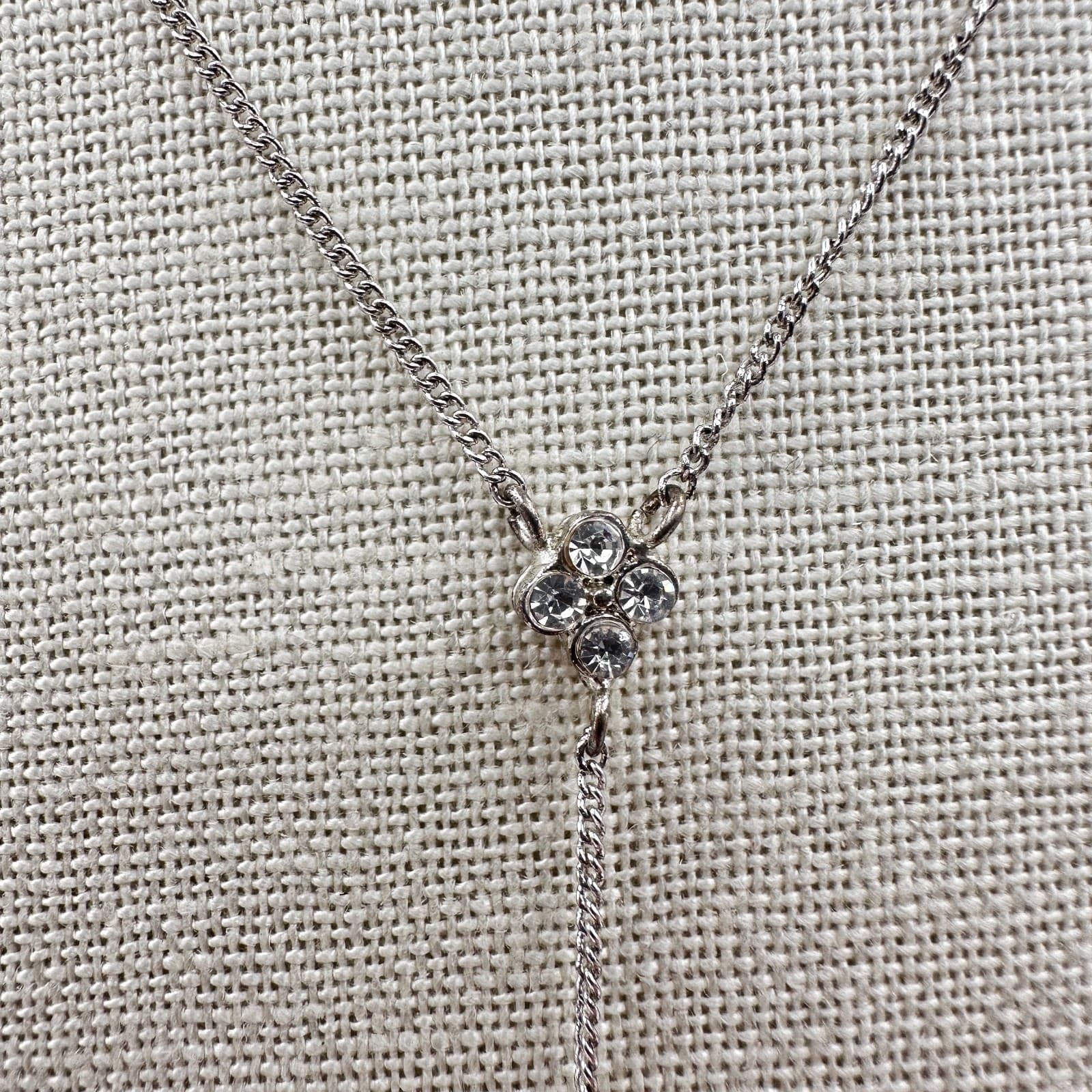 Vintage 90s Y2K Silver Tone Clear Rhinestone Floral Y Necklace Women's Jewelry - Thumbnail 3