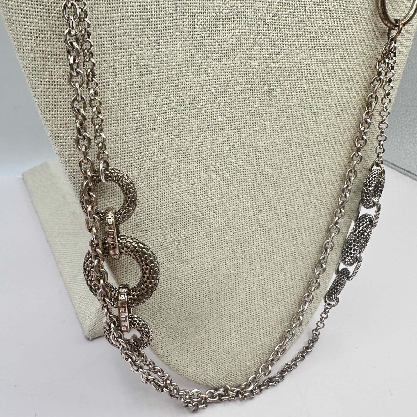 Vintage 90s Silver Tone Mixed Chain Multi Link Statement Long Necklace Jewelry - Thumbnail 4