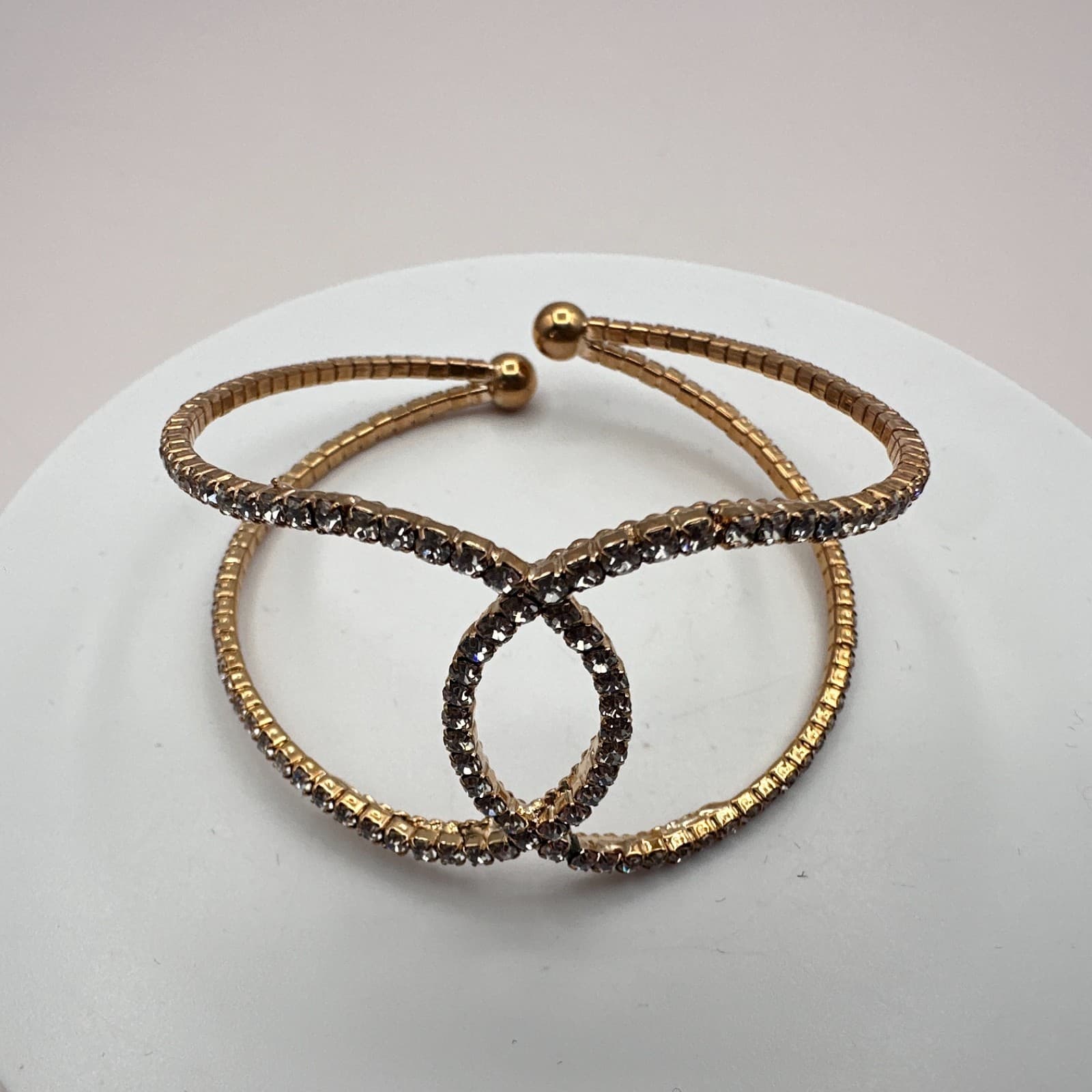 Vintage 80s Gold Tone Rhinestone Crossover Cuff Bracelet Spark Statement Jewelry - Thumbnail 3