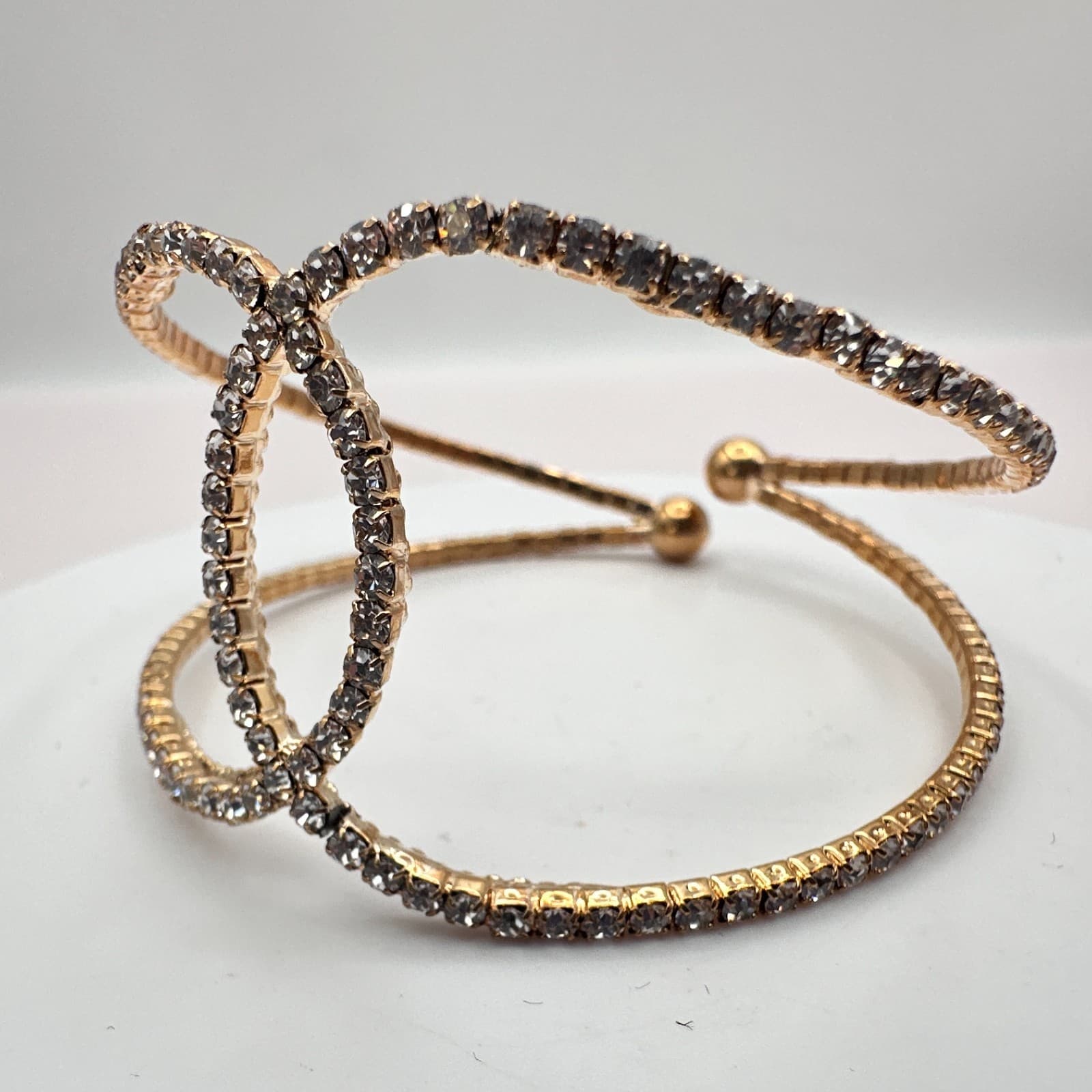 Vintage 80s Gold Tone Rhinestone Crossover Cuff Bracelet Spark Statement Jewelry - Thumbnail 5