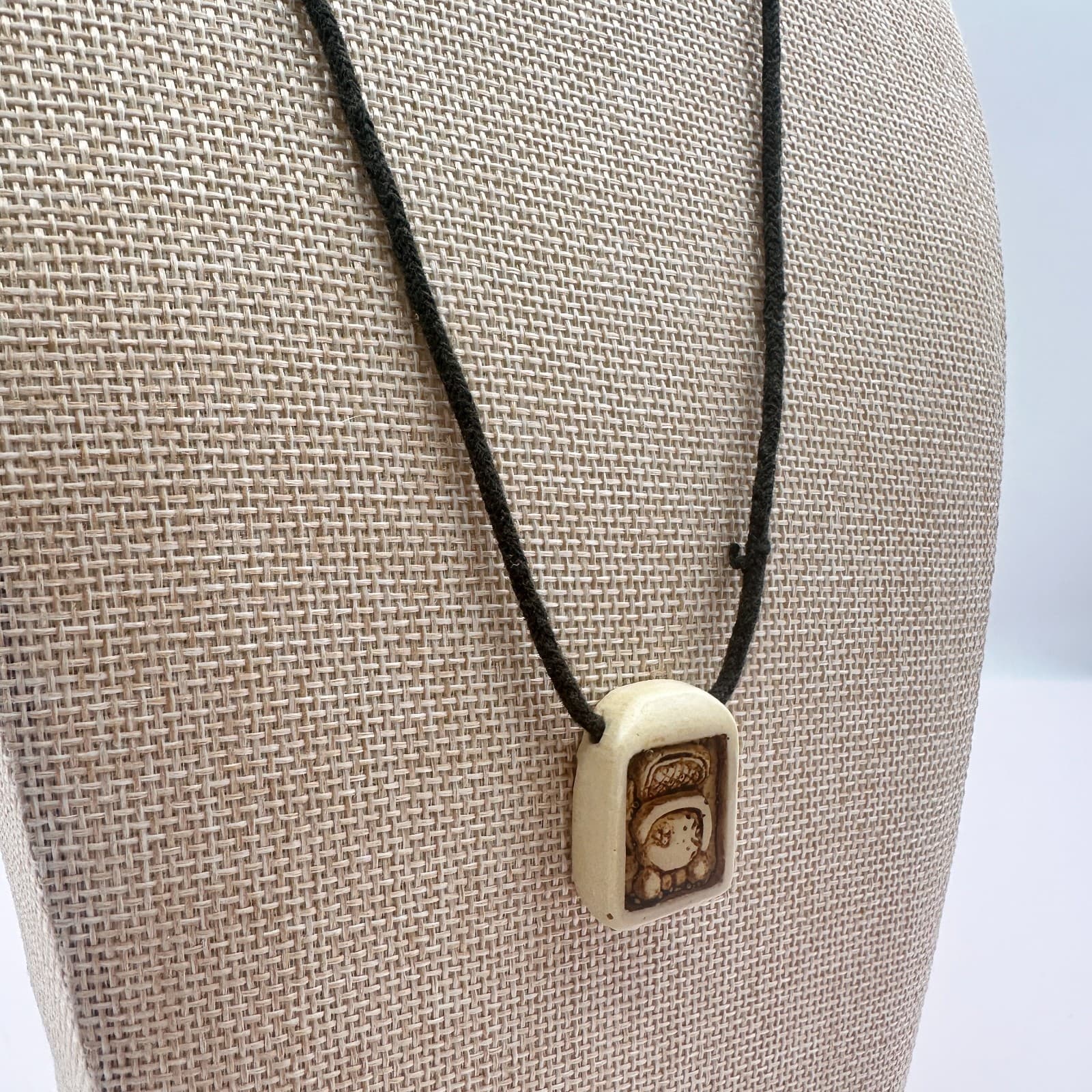 Vintage 50s Hand Carved Mayan Ajaw Glyph Bone Pendant Mexican Folk Art Jewelry - Thumbnail 4