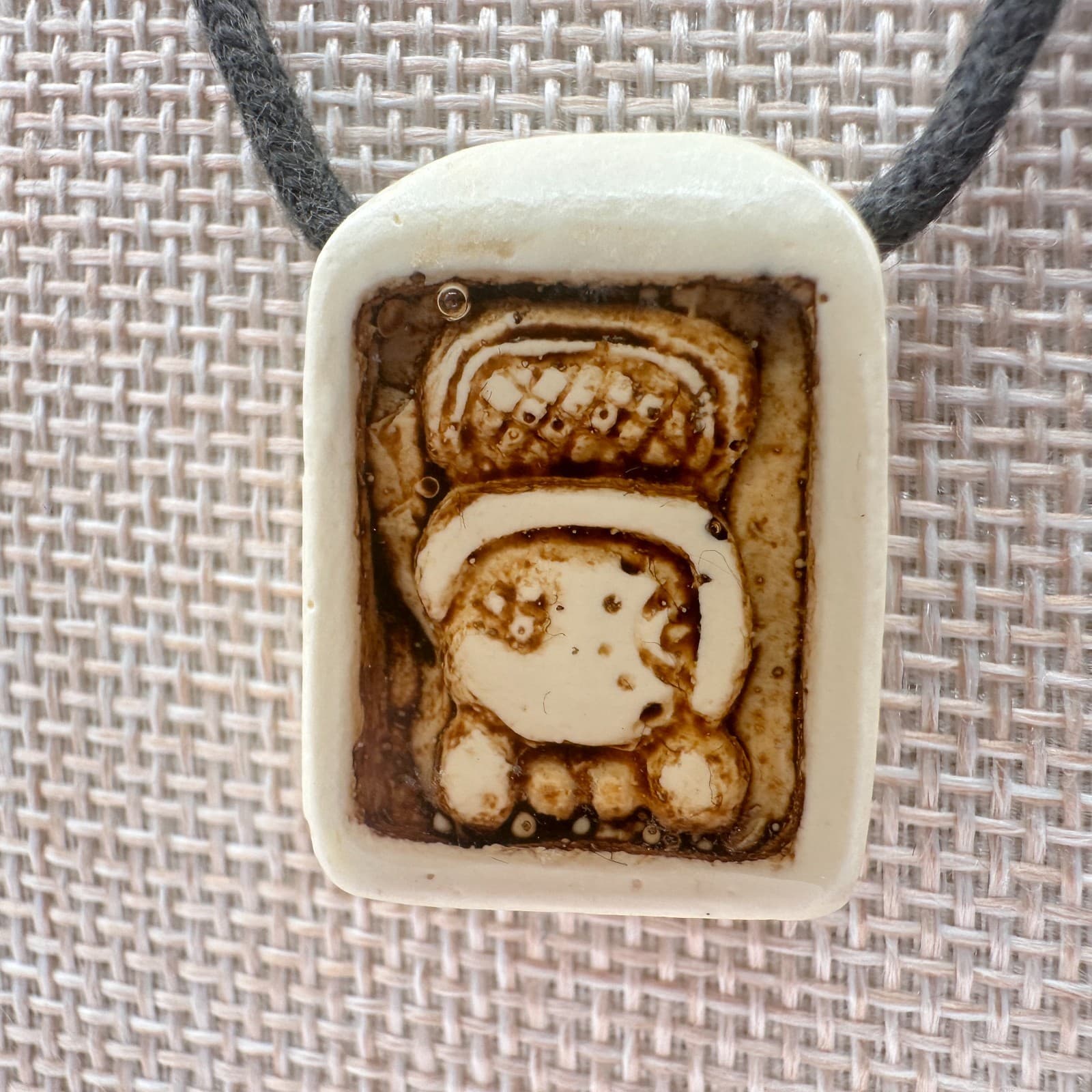 Vintage 50s Hand Carved Mayan Ajaw Glyph Bone Pendant Mexican Folk Art Jewelry - Thumbnail 6