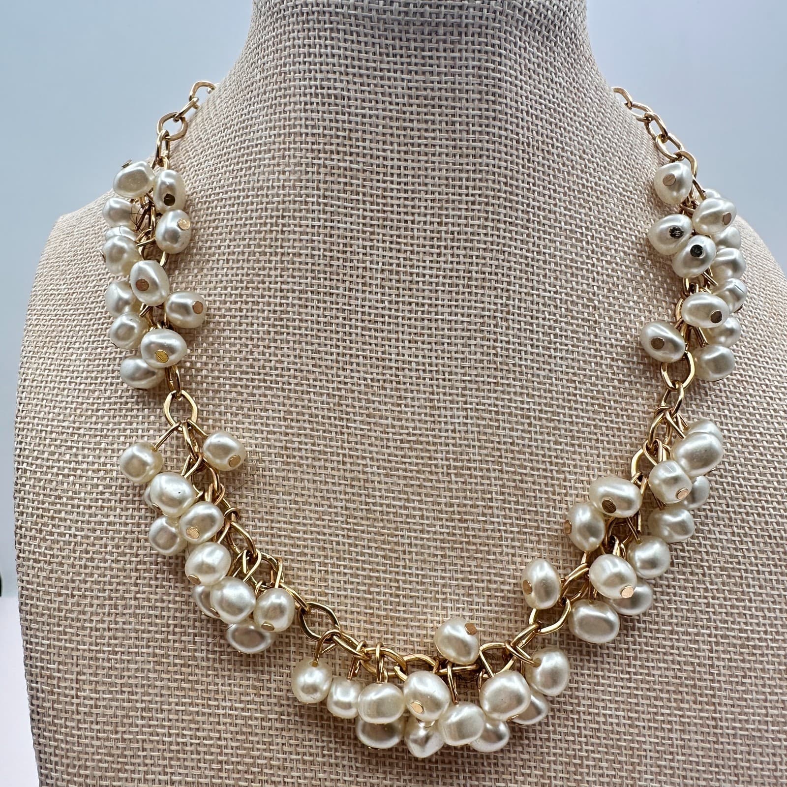 Vintage 90s Gold Tone Faux Baroque Pearl Multi Strand Cluster Necklace Jewelry - Thumbnail 8