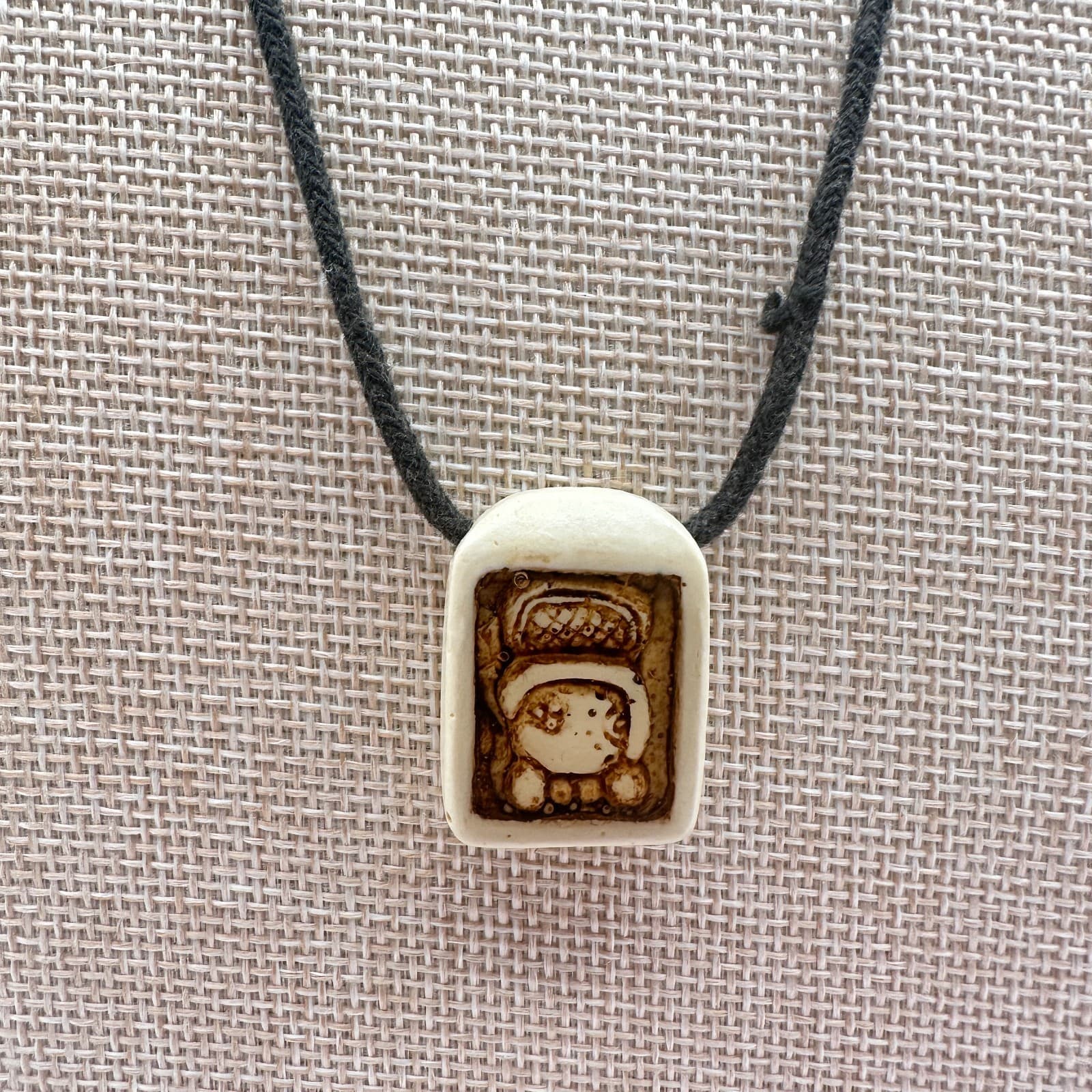 Vintage 50s Hand Carved Mayan Ajaw Glyph Bone Pendant Mexican Folk Art Jewelry - Thumbnail 2