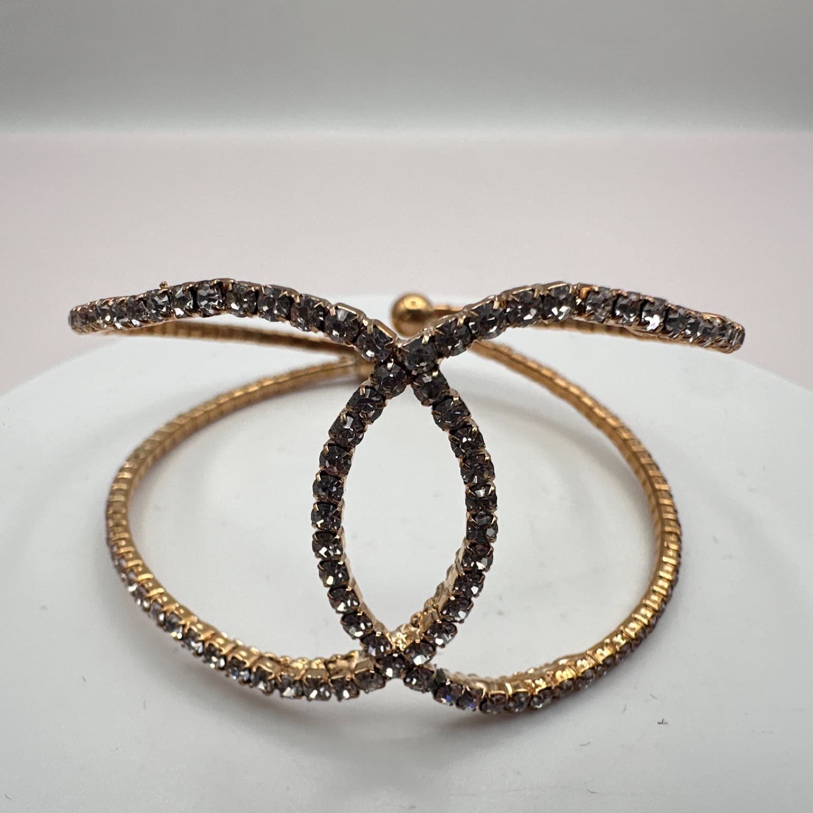 Vintage 80s Gold Tone Rhinestone Crossover Cuff Bracelet Spark Statement Jewelry - Thumbnail 4
