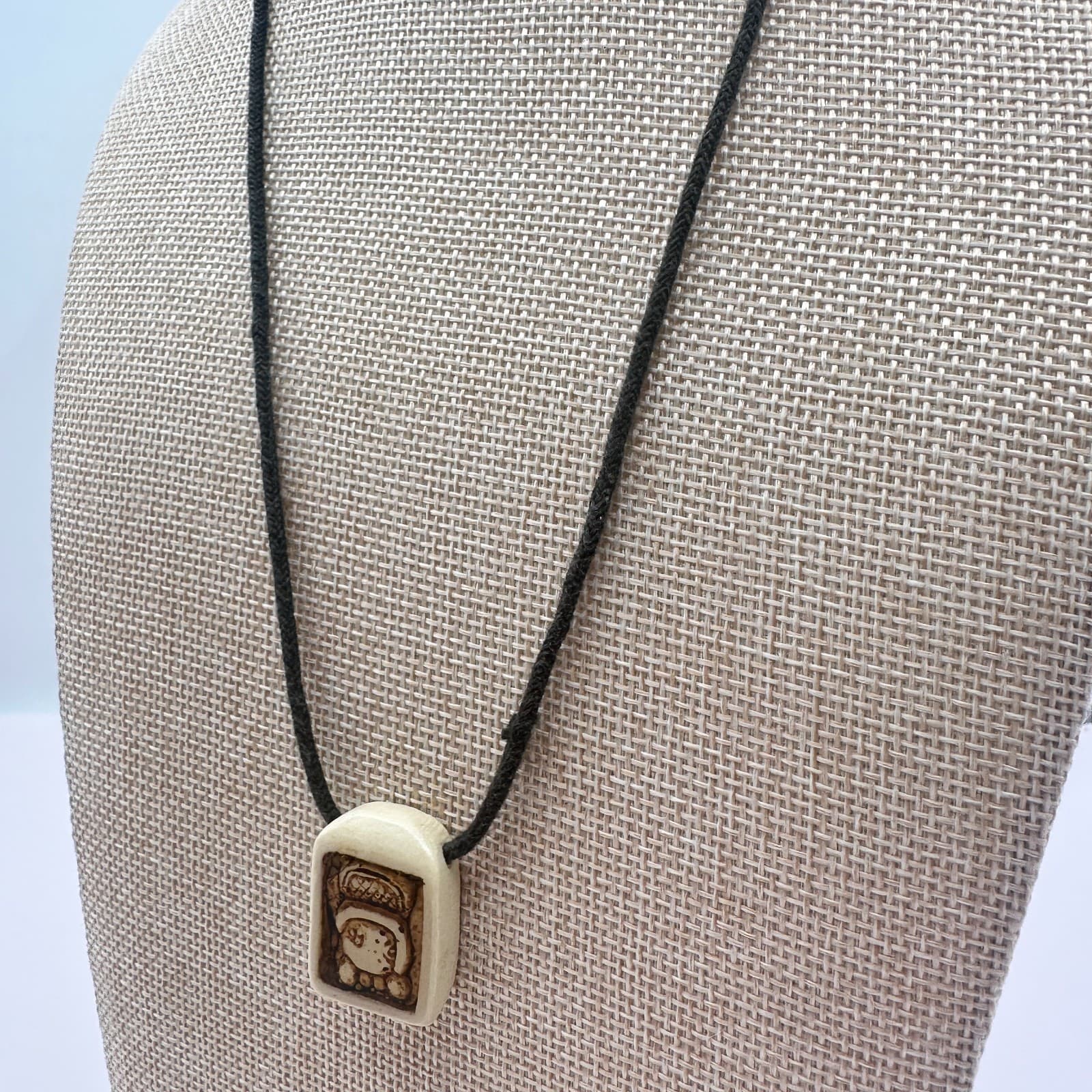 Vintage 50s Hand Carved Mayan Ajaw Glyph Bone Pendant Mexican Folk Art Jewelry - Thumbnail 5