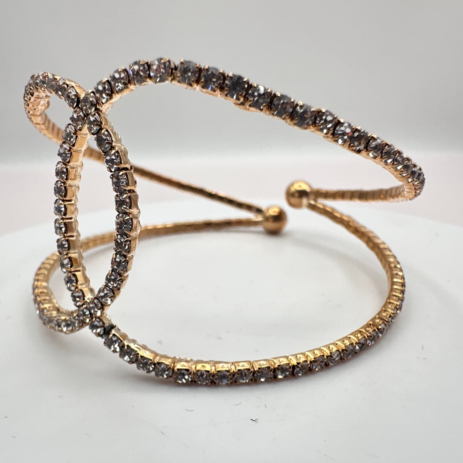 Vintage 80s Gold Tone Rhinestone Crossover Cuff Bracelet Spark Statement Jewelry - Thumbnail 6