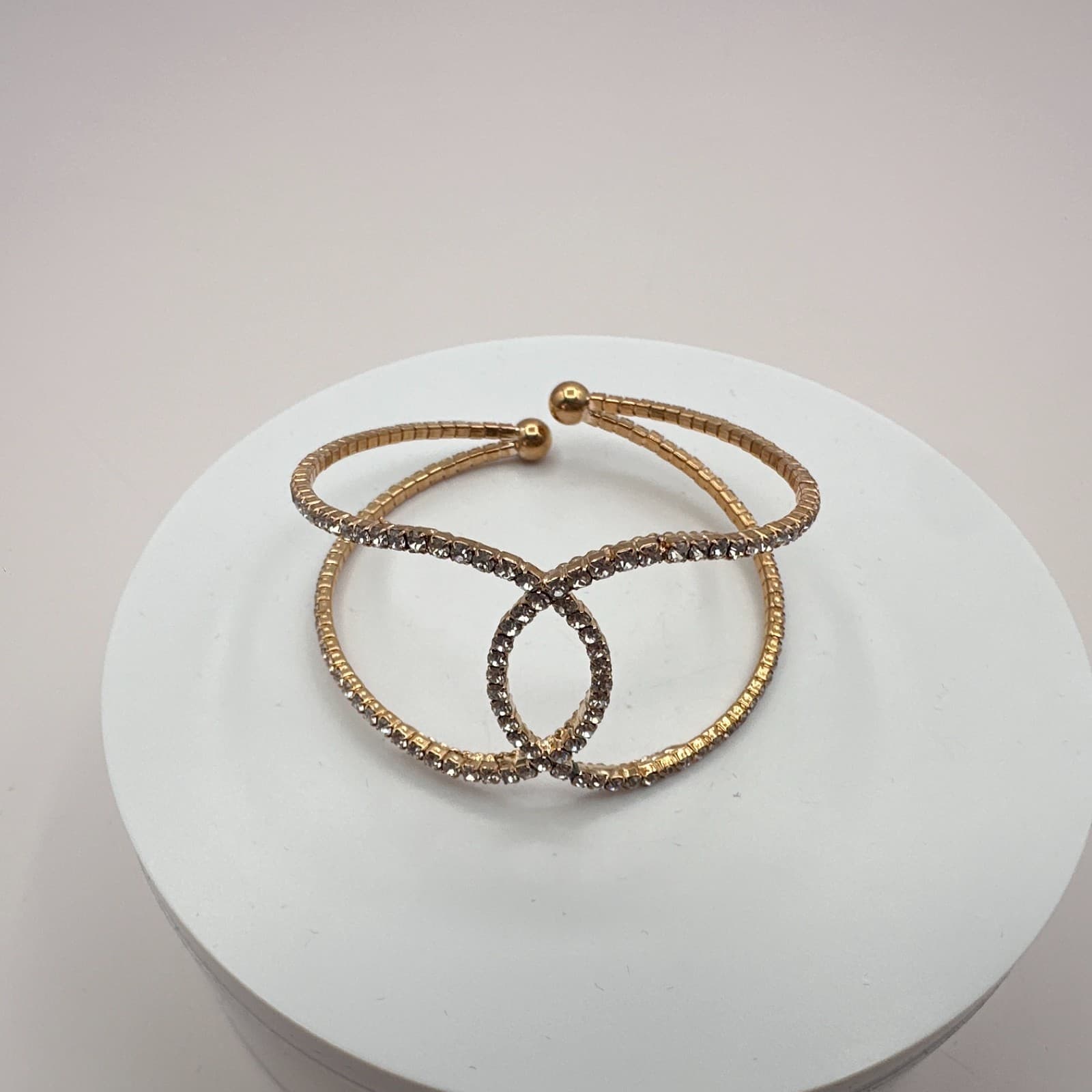 Vintage 80s Gold Tone Rhinestone Crossover Cuff Bracelet Spark Statement Jewelry - Thumbnail 2