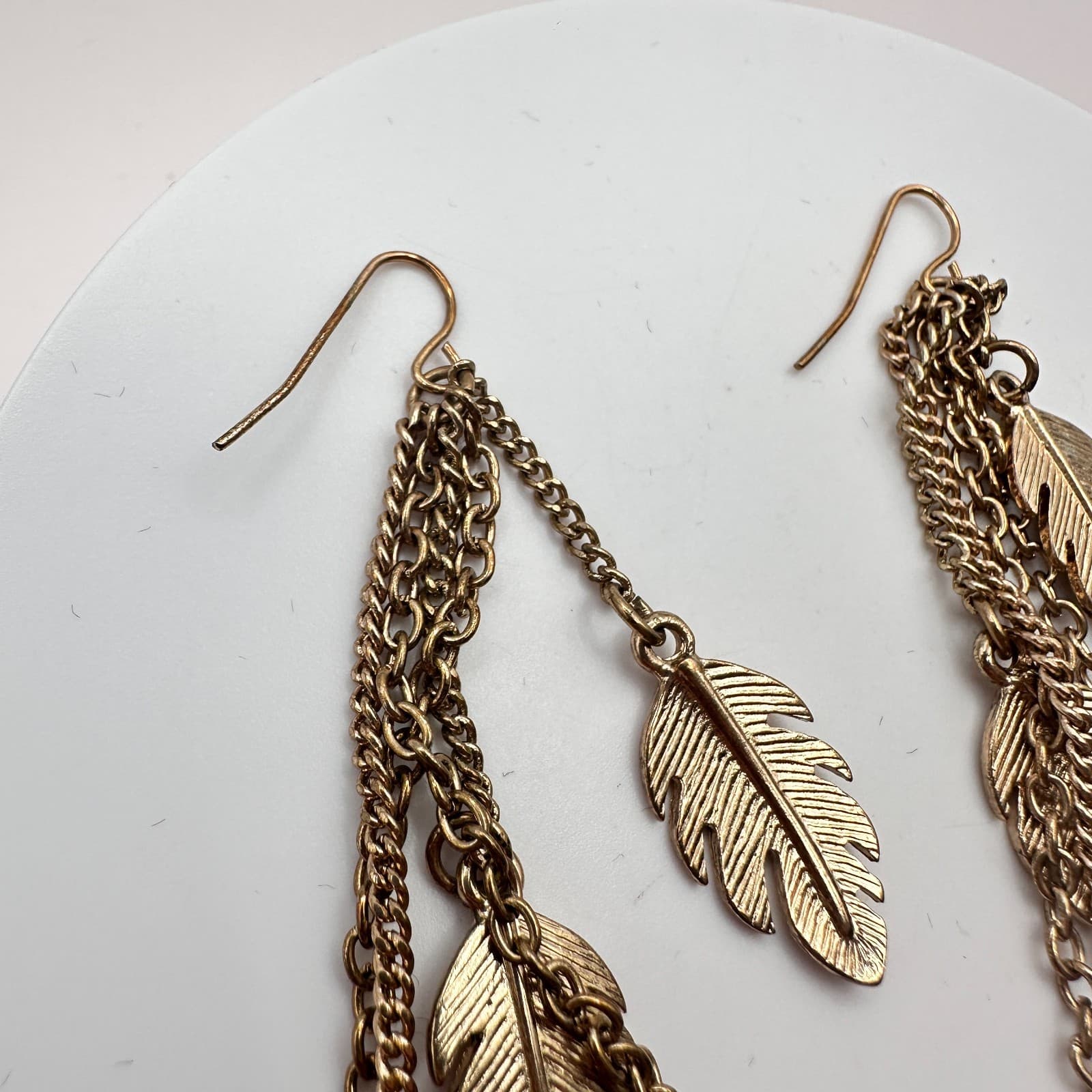 Vintage 80s Brass Leaf Tassel Earrings Multi-Chain Dangle Feathr Classic Jewelry - Thumbnail 5