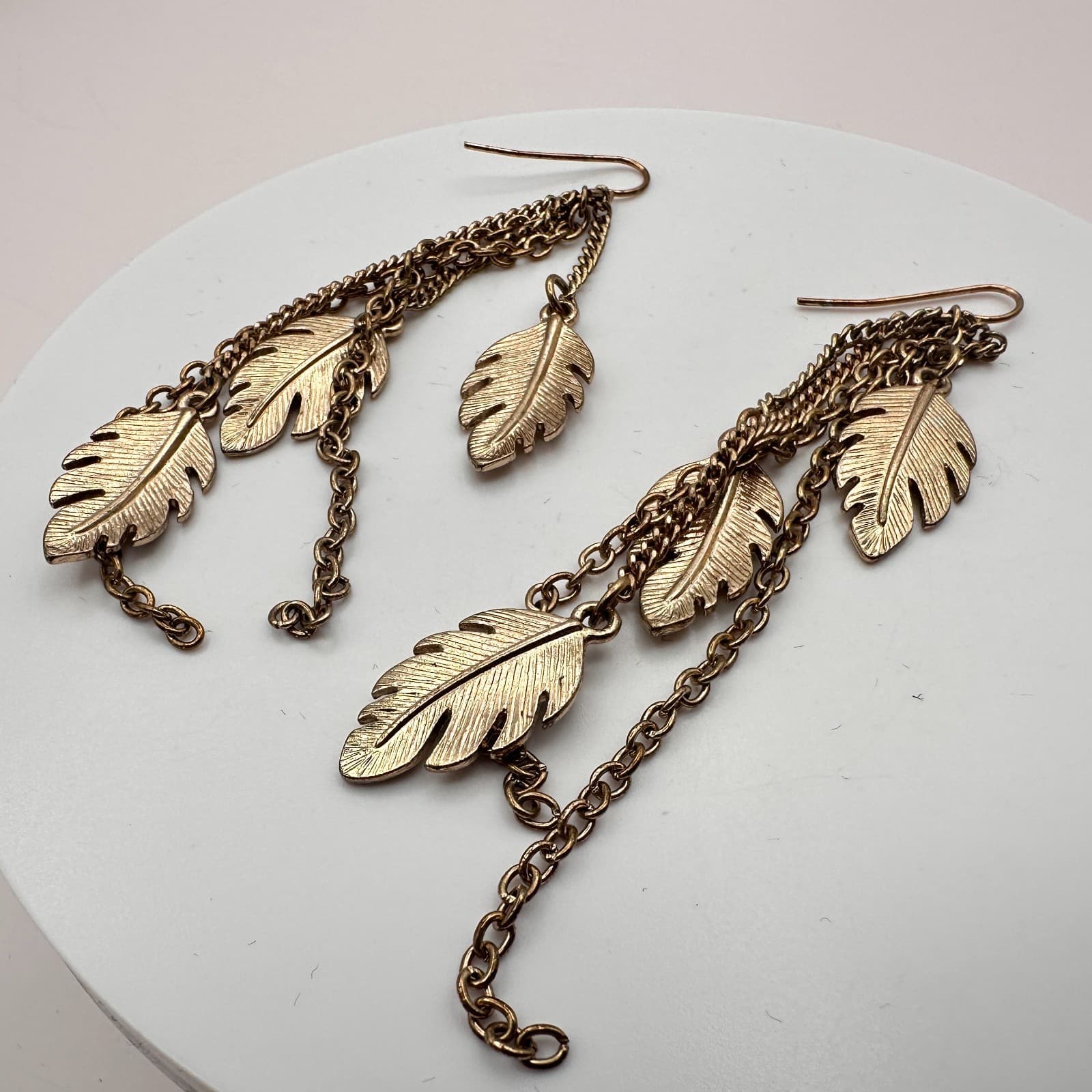 Vintage 80s Brass Leaf Tassel Earrings Multi-Chain Dangle Feathr Classic Jewelry - Thumbnail 6